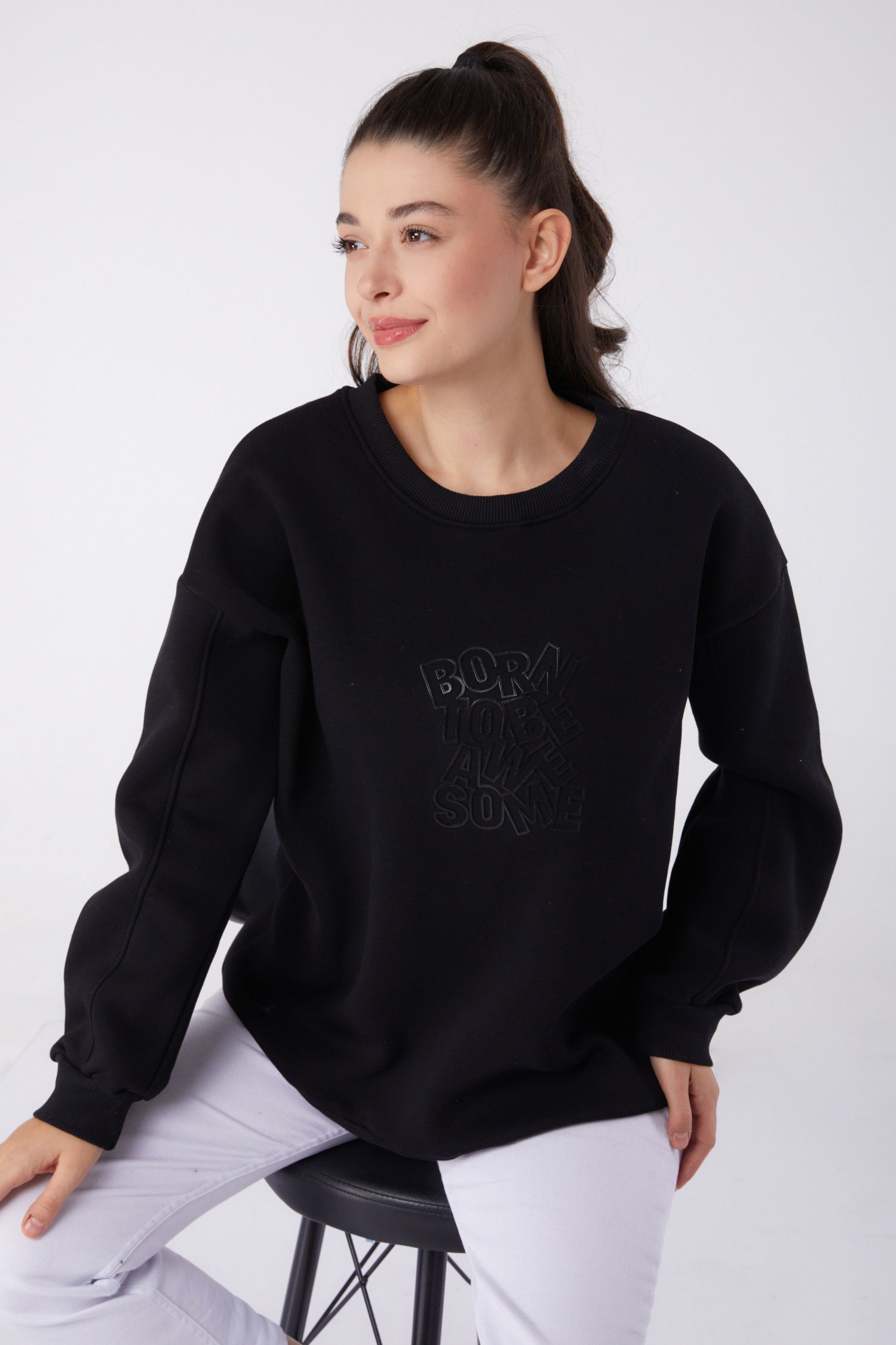 Baskılı Sweatshirt Siyah - 26475 - 1