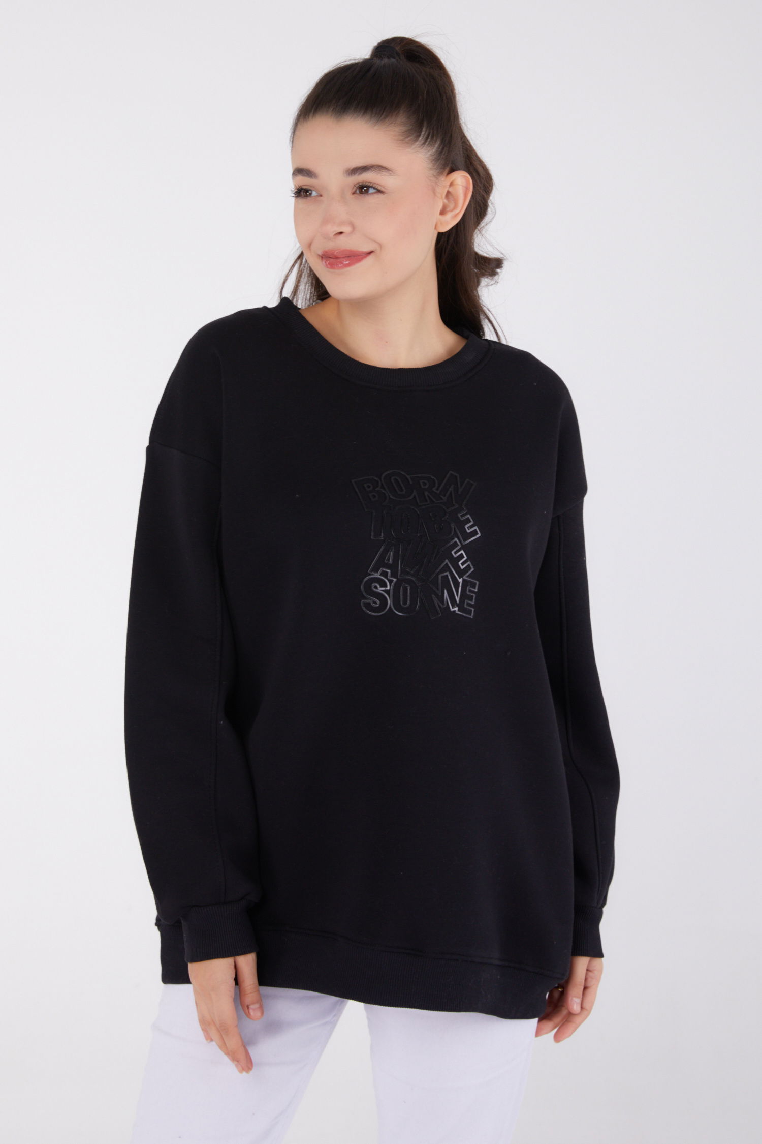 Baskılı Sweatshirt Siyah - 26475 - 2