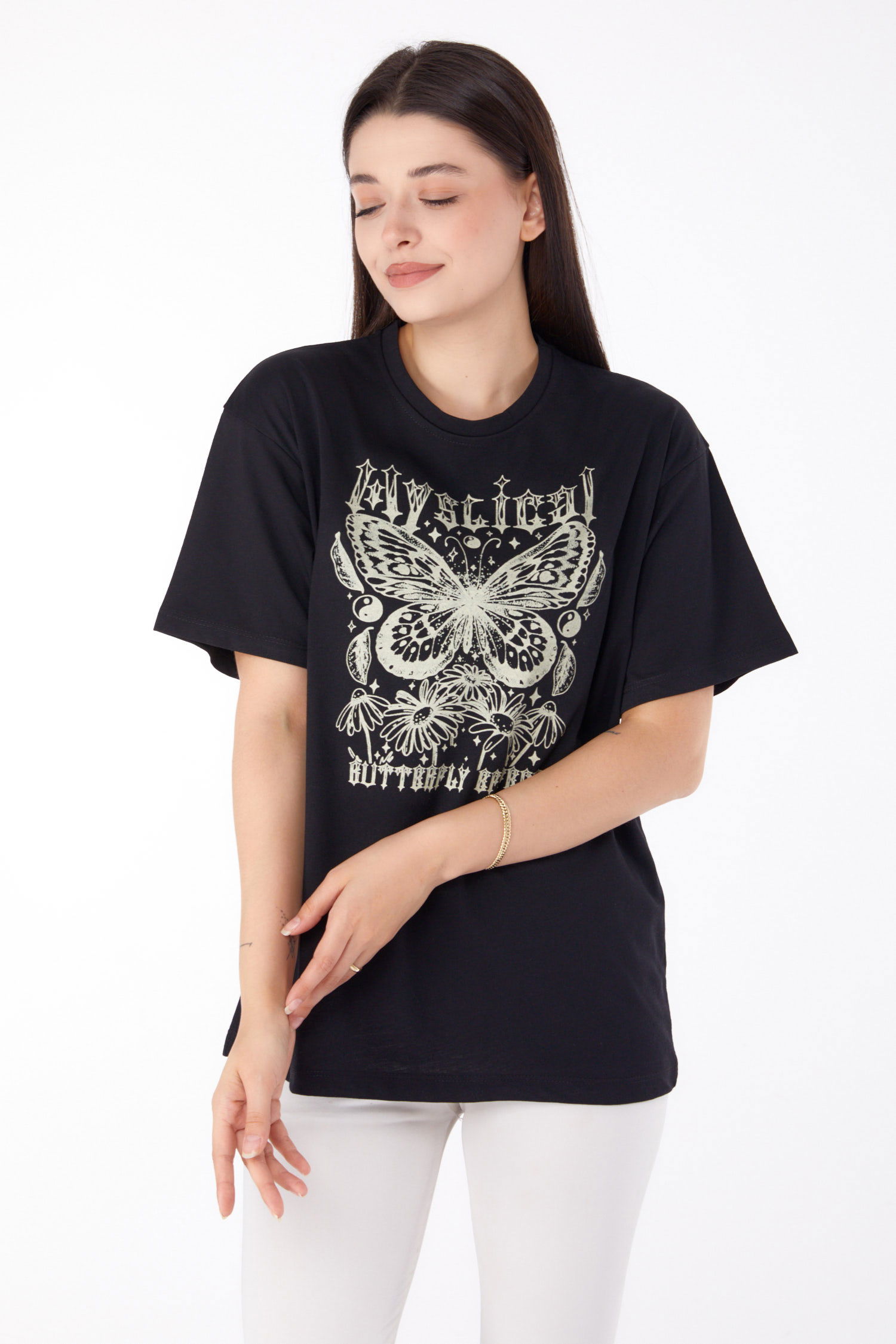 Düz Bisiklet Yaka Kadın Siyah Baskılı T-shirt - 25695 - 1