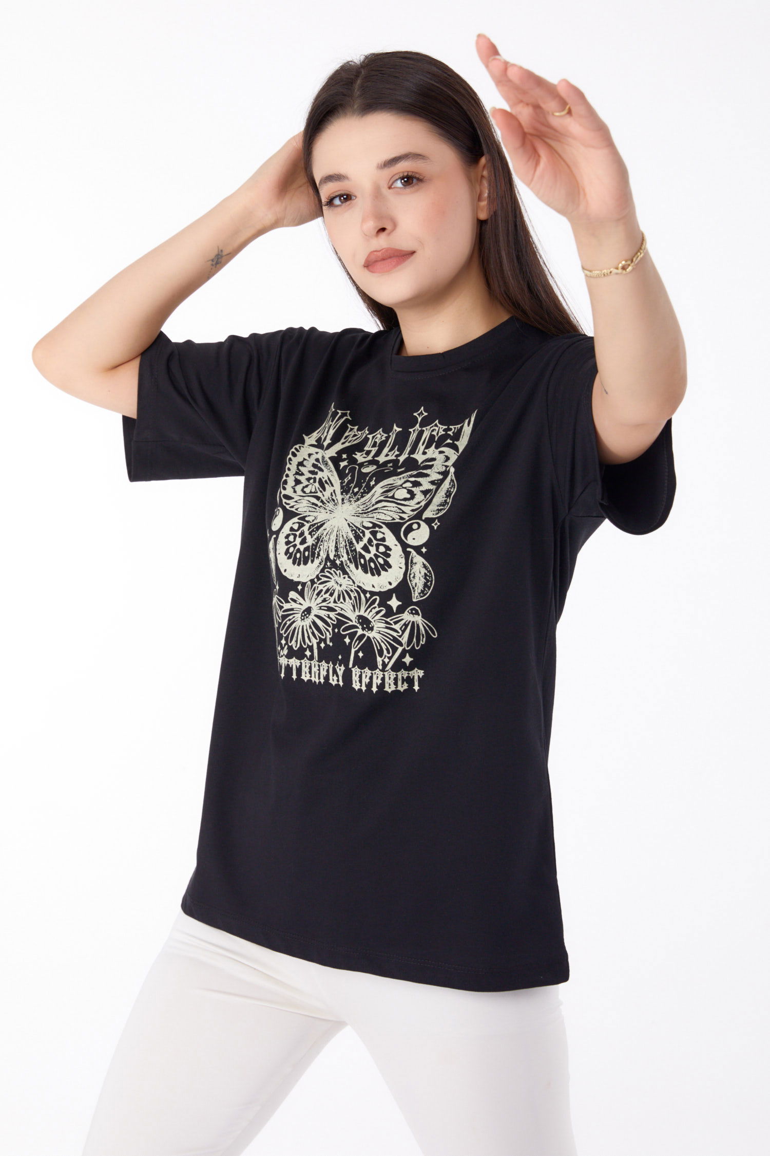 Düz Bisiklet Yaka Kadın Siyah Baskılı T-shirt - 25695 - 2