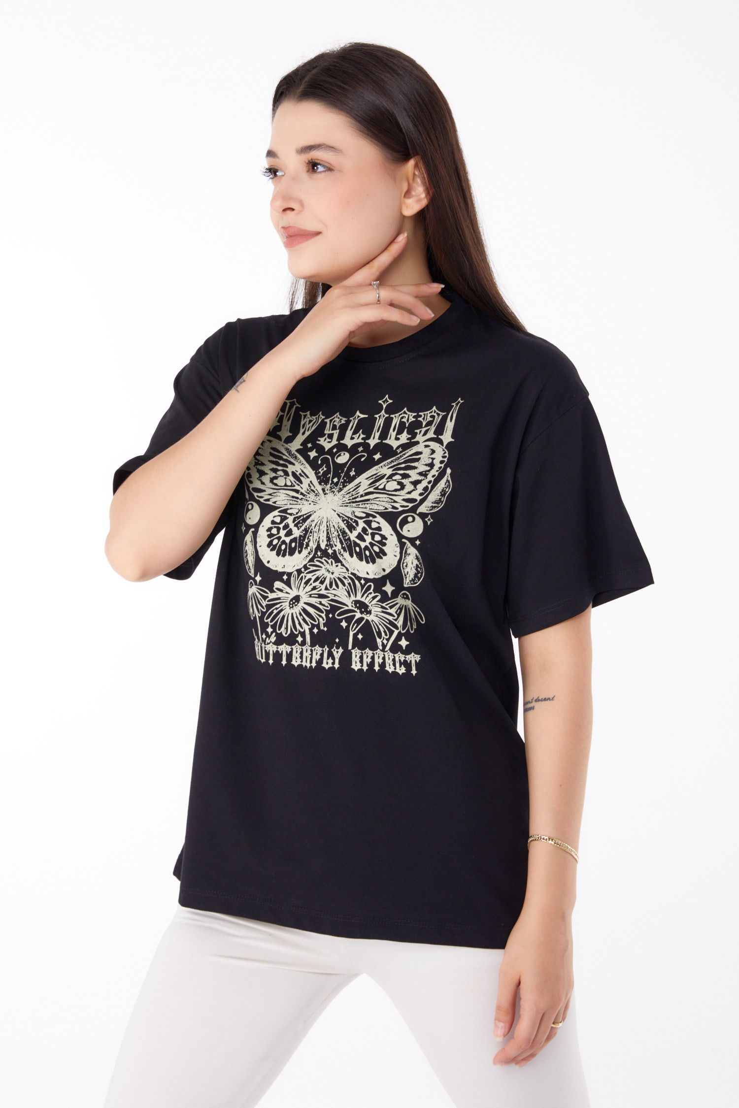 Düz Bisiklet Yaka Kadın Siyah Baskılı T-shirt - 25695 - 3