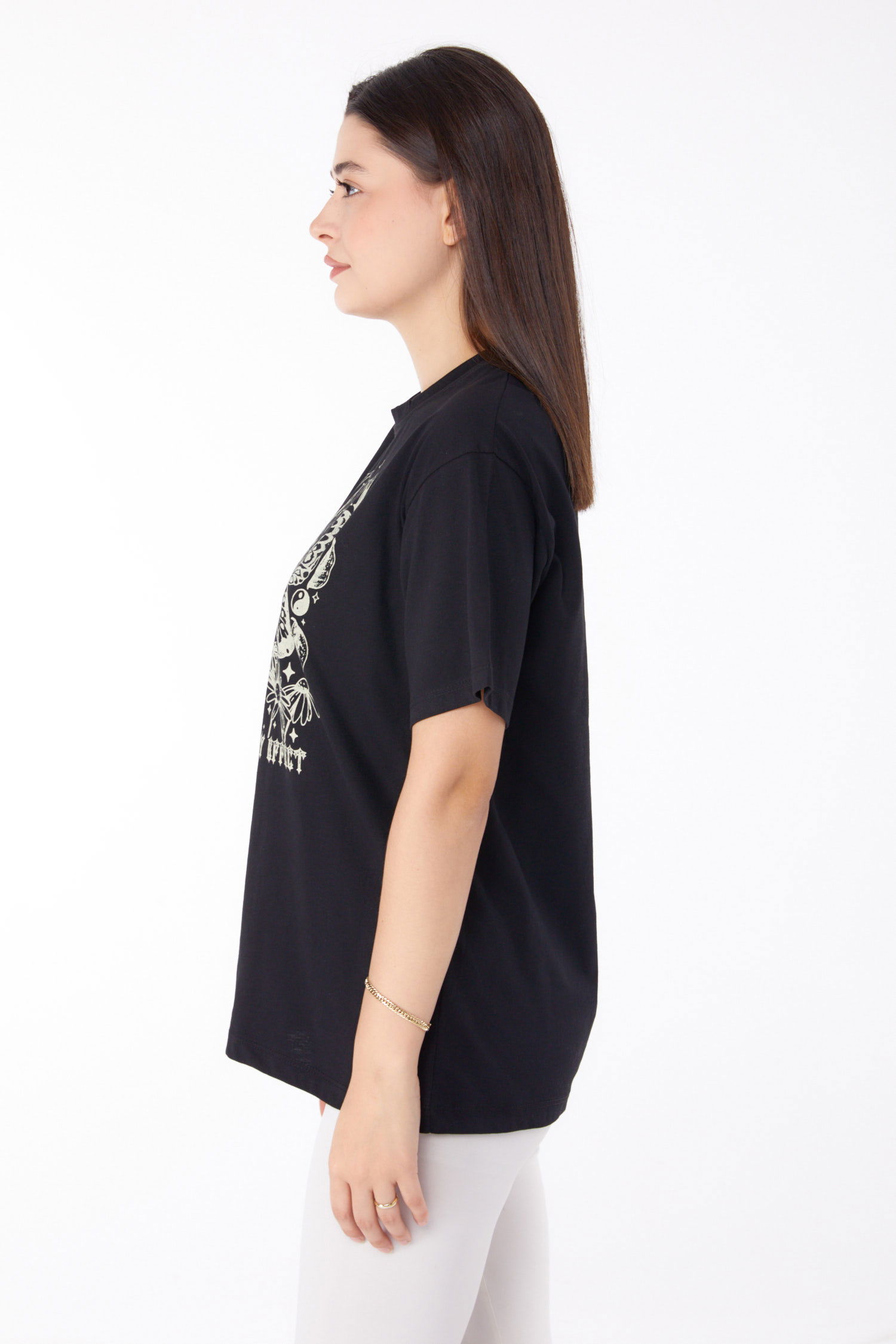 Düz Bisiklet Yaka Kadın Siyah Baskılı T-shirt - 25695 - 4