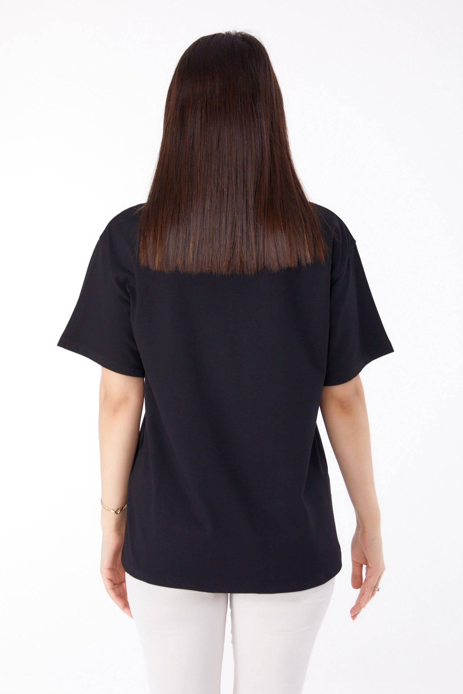 Düz Bisiklet Yaka Kadın Siyah Baskılı T-shirt - 25695 - 5