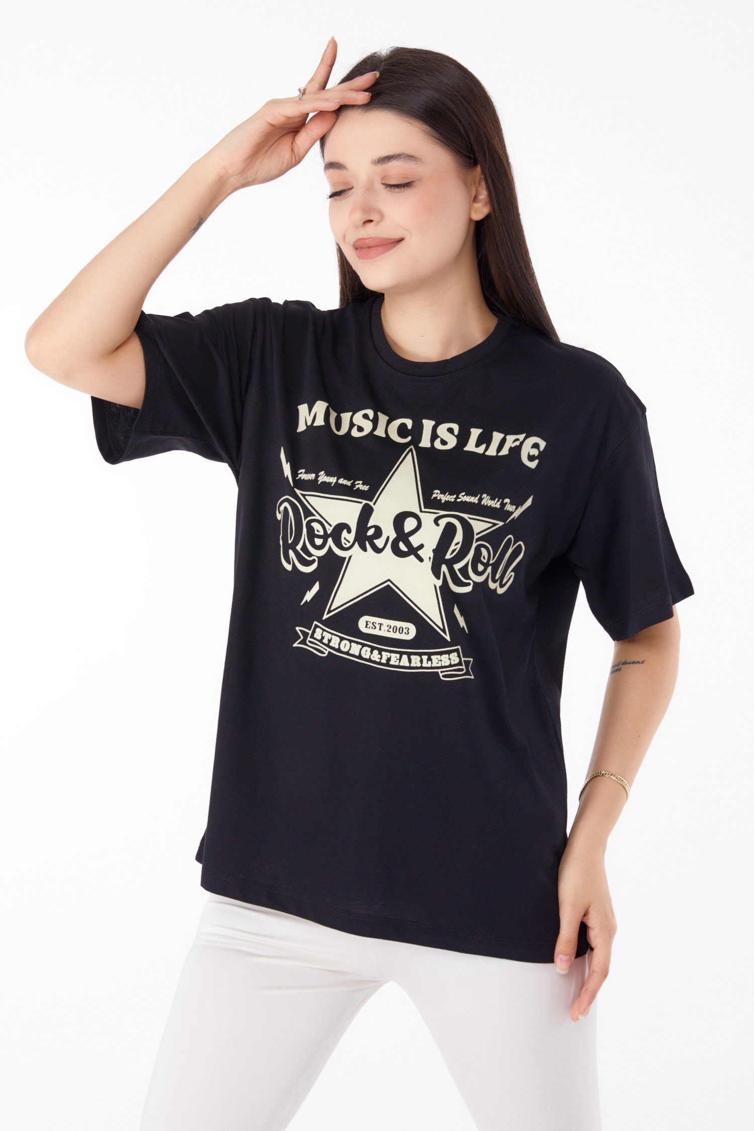 Baskılı T-shirt Siyah - 25700 - 3