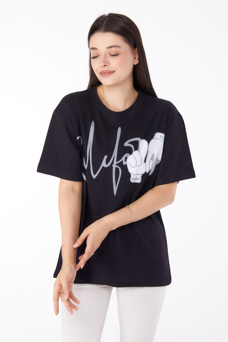 Düz Bisiklet Yaka Kadın Siyah Baskılı T-shirt - 25702 - TOFİSA