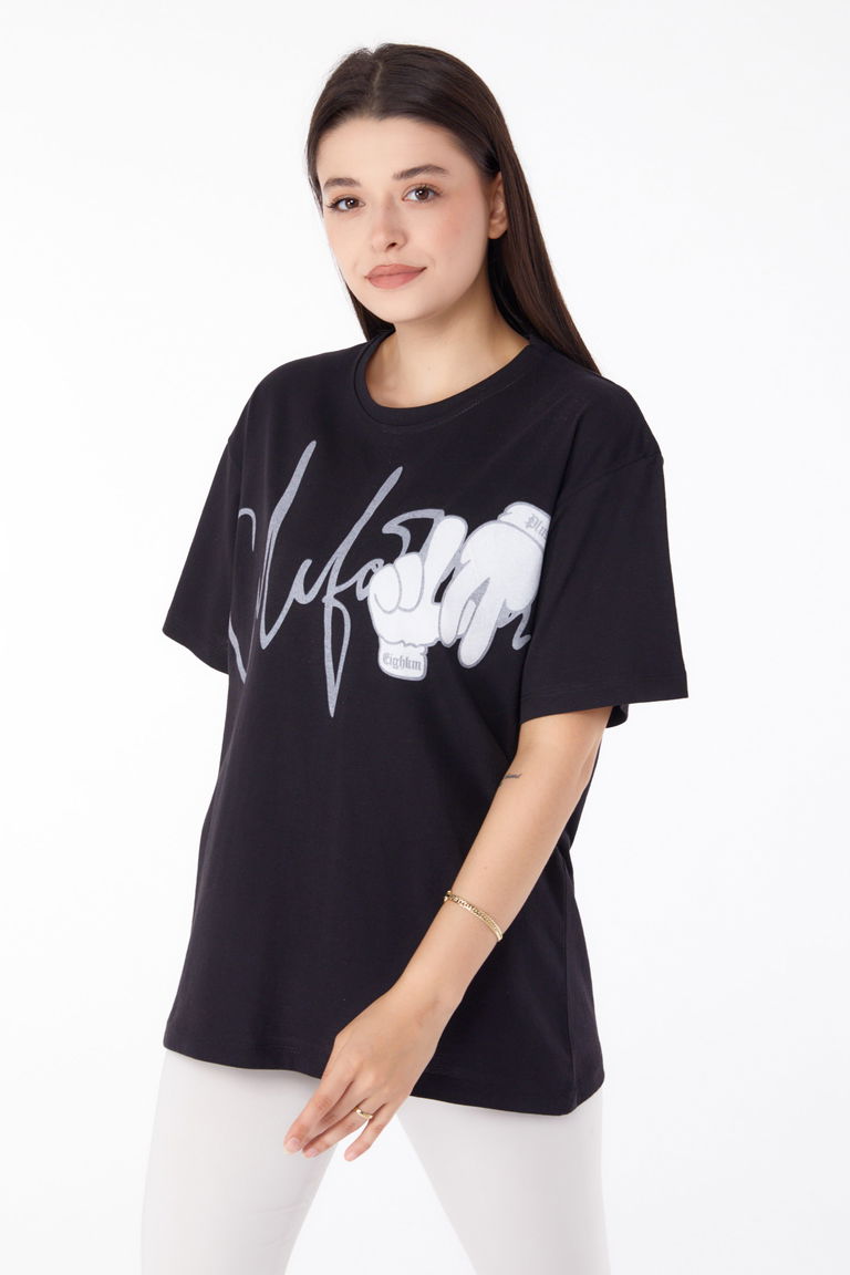 Düz Bisiklet Yaka Kadın Siyah Baskılı T-shirt - 25702 - TOFİSA