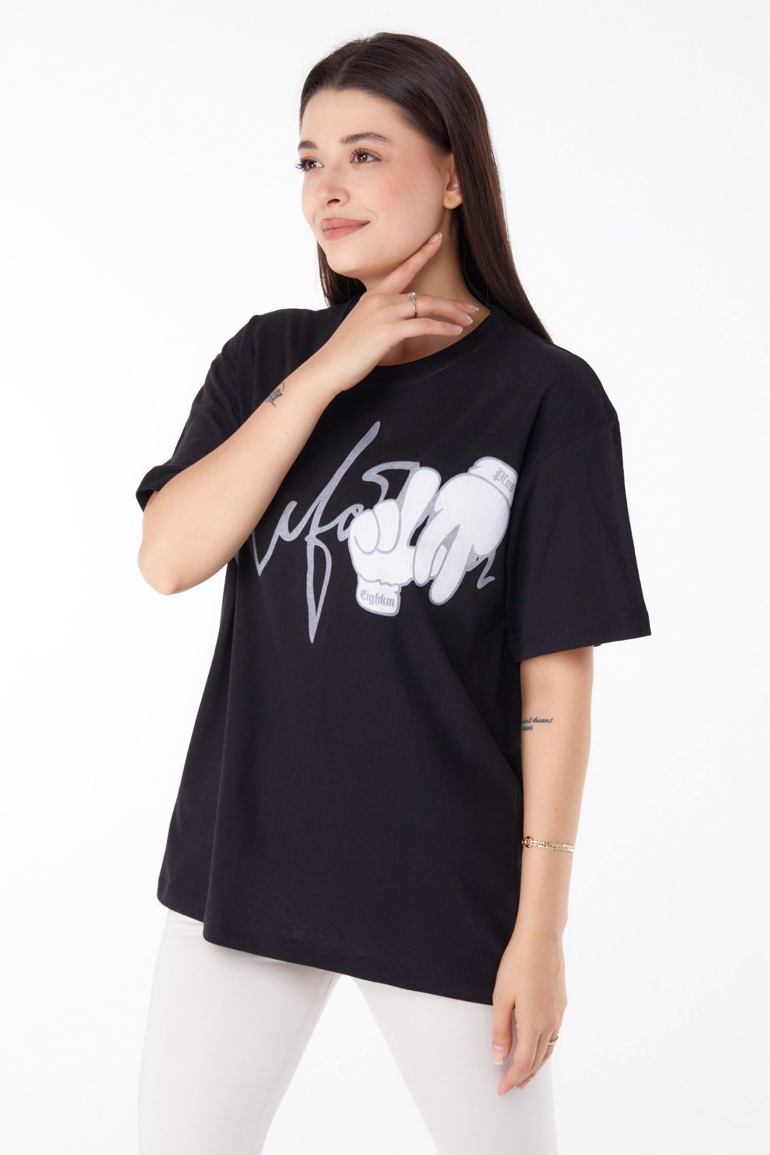 Düz Bisiklet Yaka Kadın Siyah Baskılı T-shirt - 25702 - 3