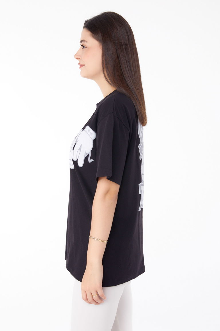 Düz Bisiklet Yaka Kadın Siyah Baskılı T-shirt - 25702 - TOFİSA