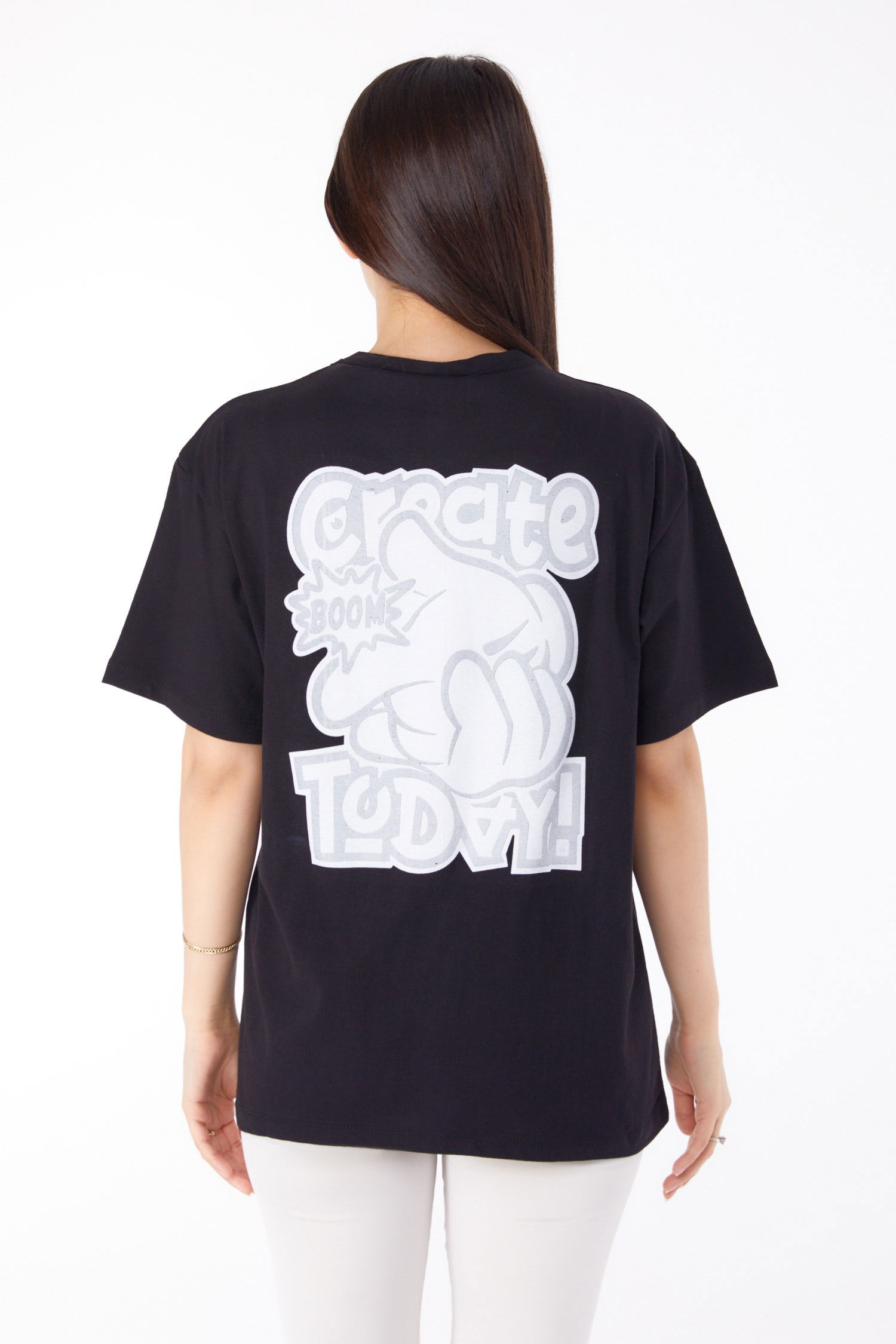Düz Bisiklet Yaka Kadın Siyah Baskılı T-shirt - 25702 - 5