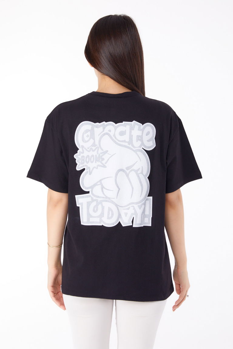 Düz Bisiklet Yaka Kadın Siyah Baskılı T-shirt - 25702 - TOFİSA