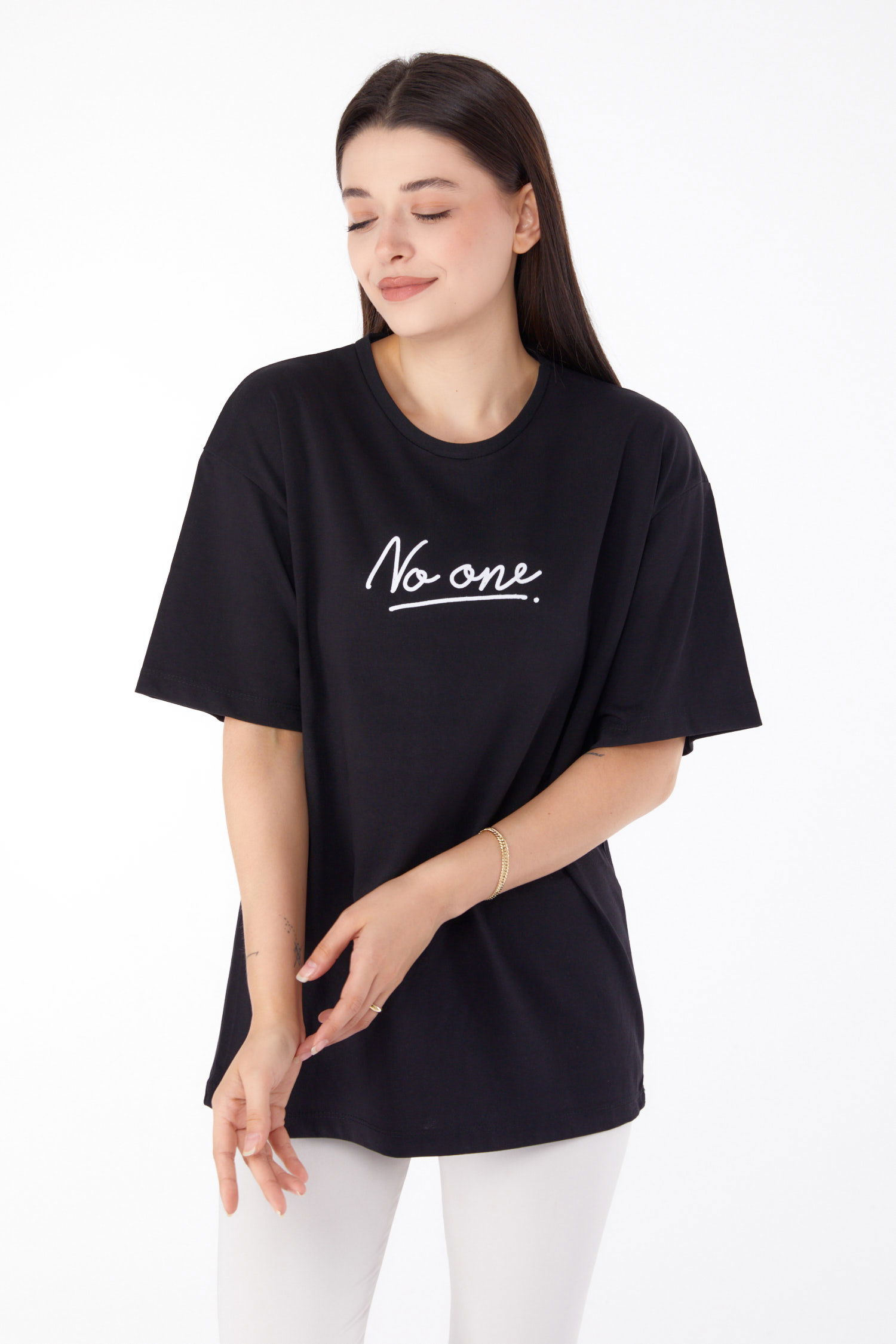 Baskılı T-shirt Siyah - 25703 - 2