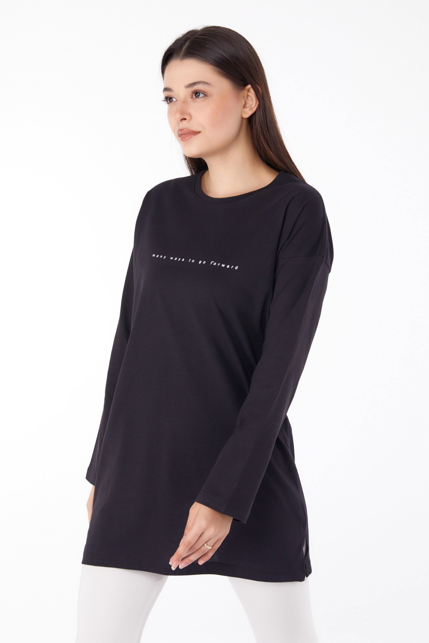 Düz Bisiklet Yaka Kadın Siyah Baskılı Tunik - 25699 - 3