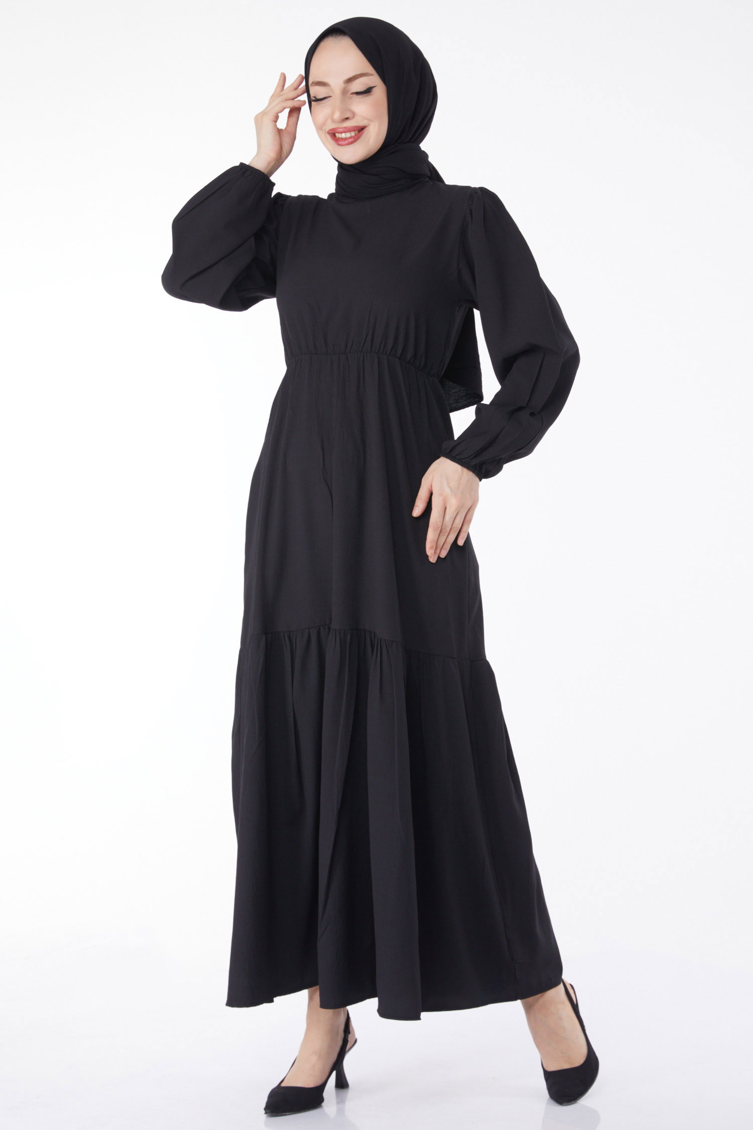 Beli Bağcıklı Elbise Siyah - 13144 - 2