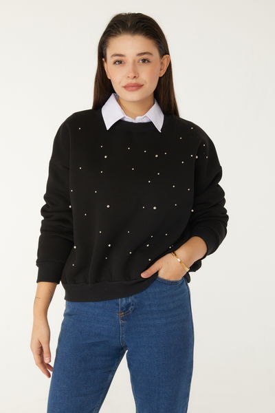 Boncuklu Sweatshirt Siyah - 26541 