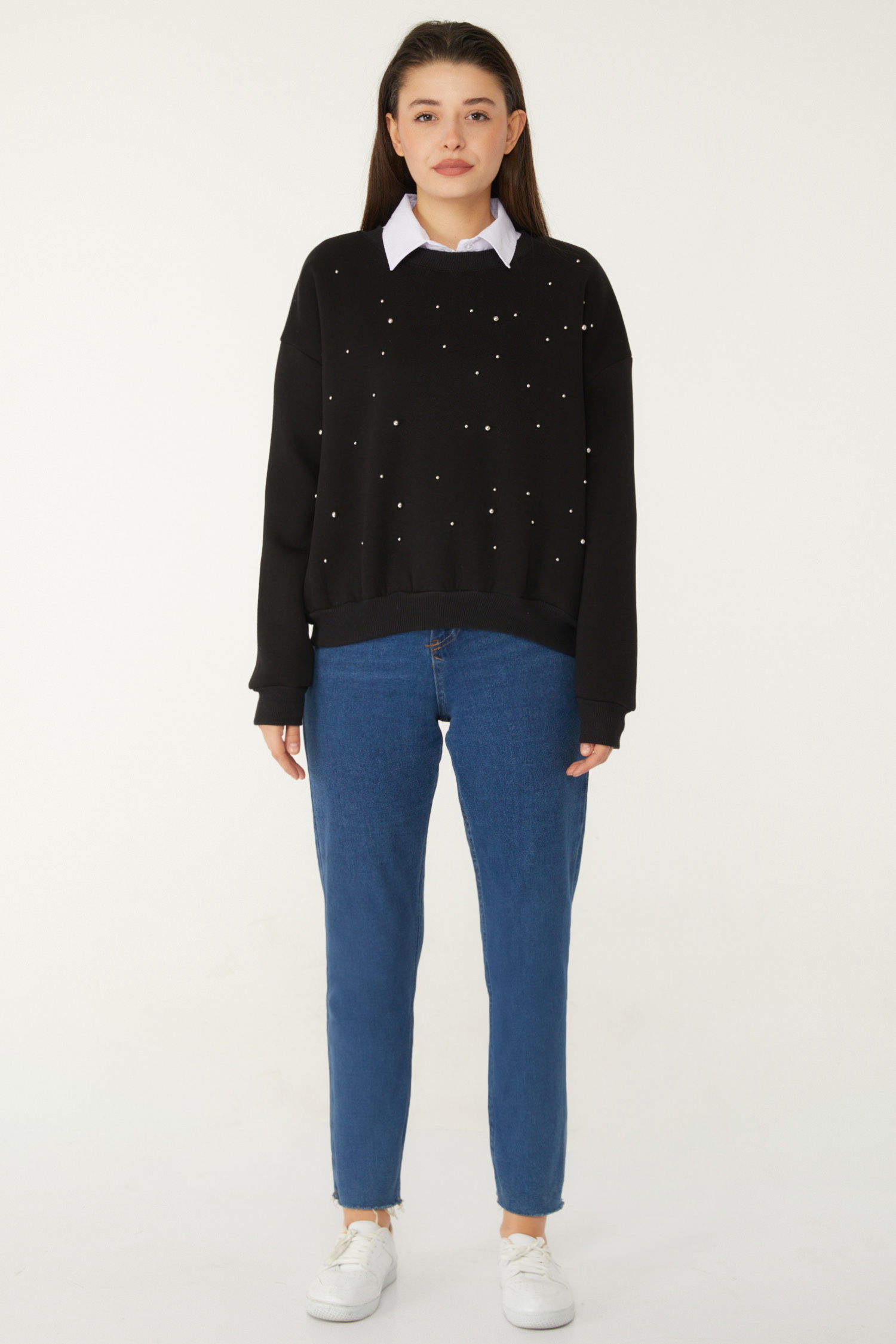 Boncuklu Sweatshirt Siyah - 26541 - 2
