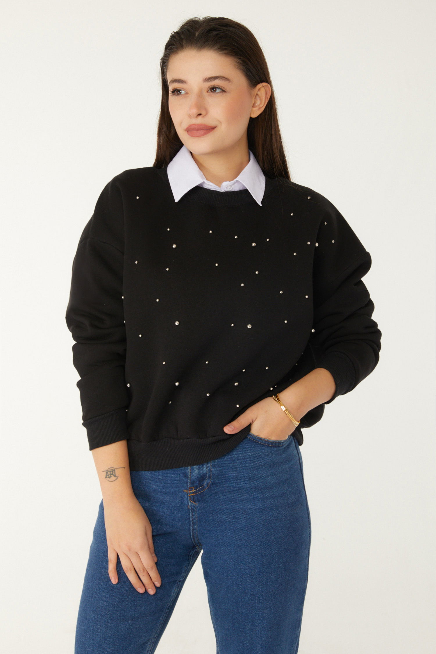 Boncuklu Sweatshirt Siyah - 26541 - 3