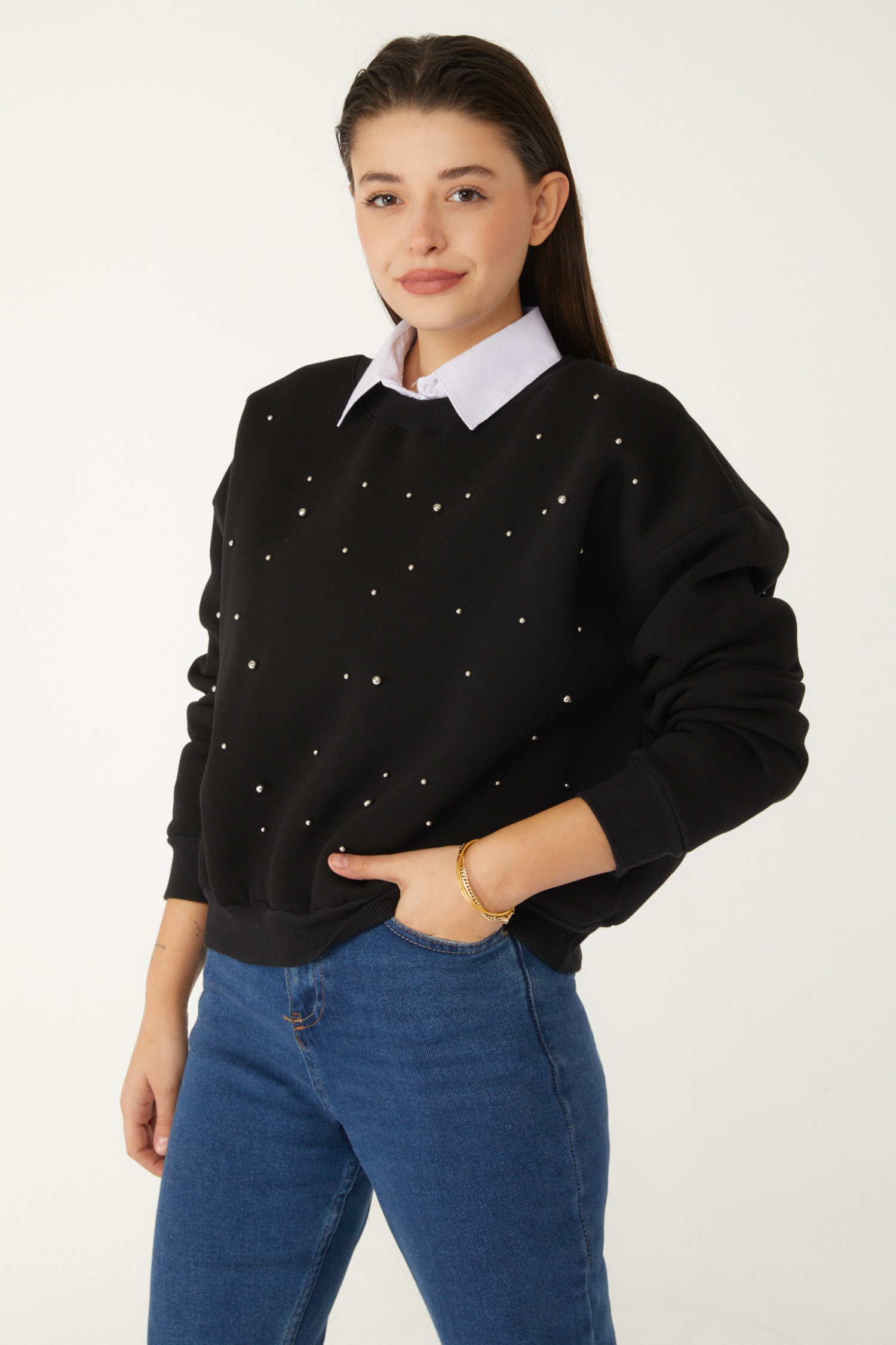 Boncuklu Sweatshirt Siyah - 26541 - 4