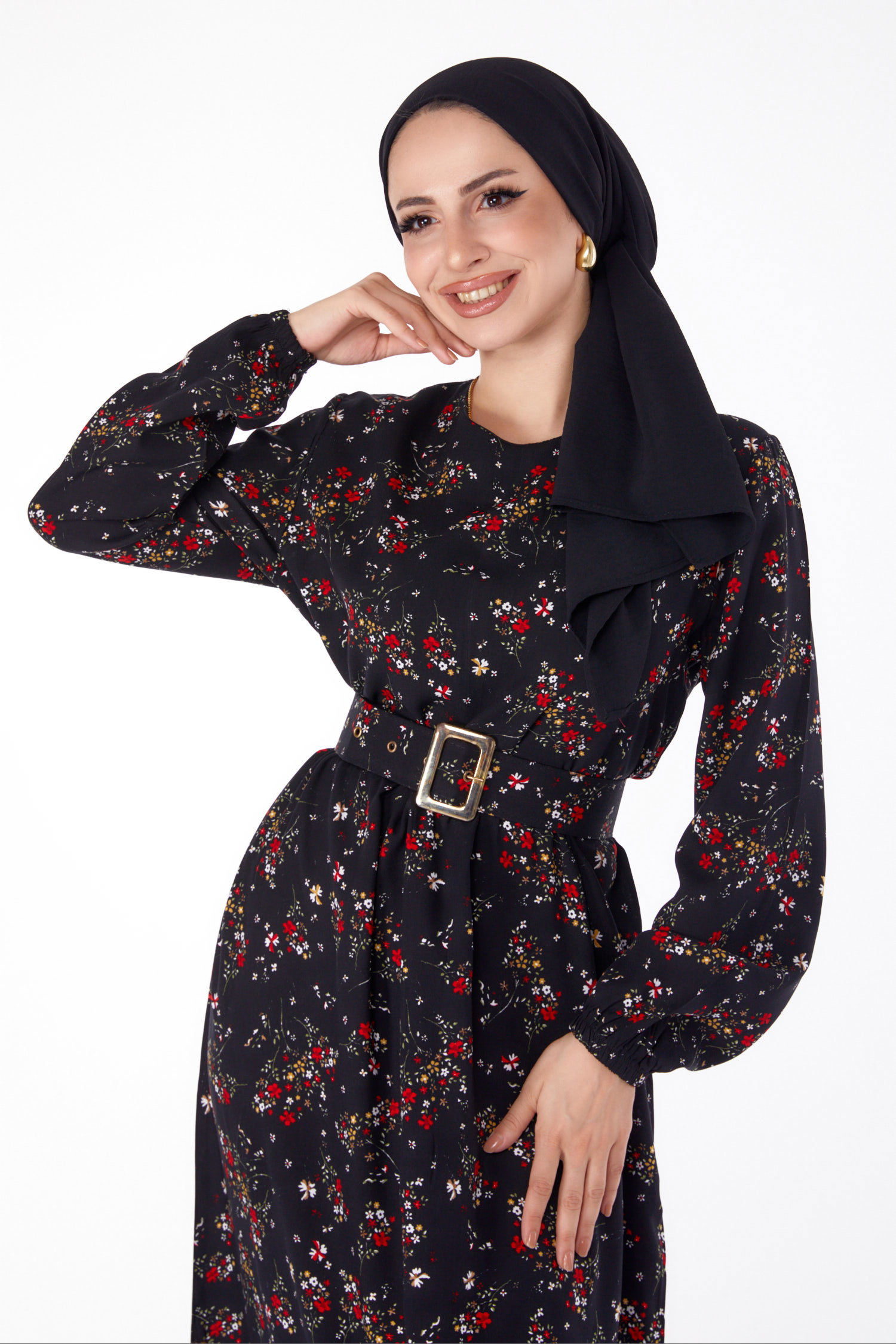 Düz Bisiklet Yaka Kadın Siyah Çicek Desenli Elbise - 25706 - 2