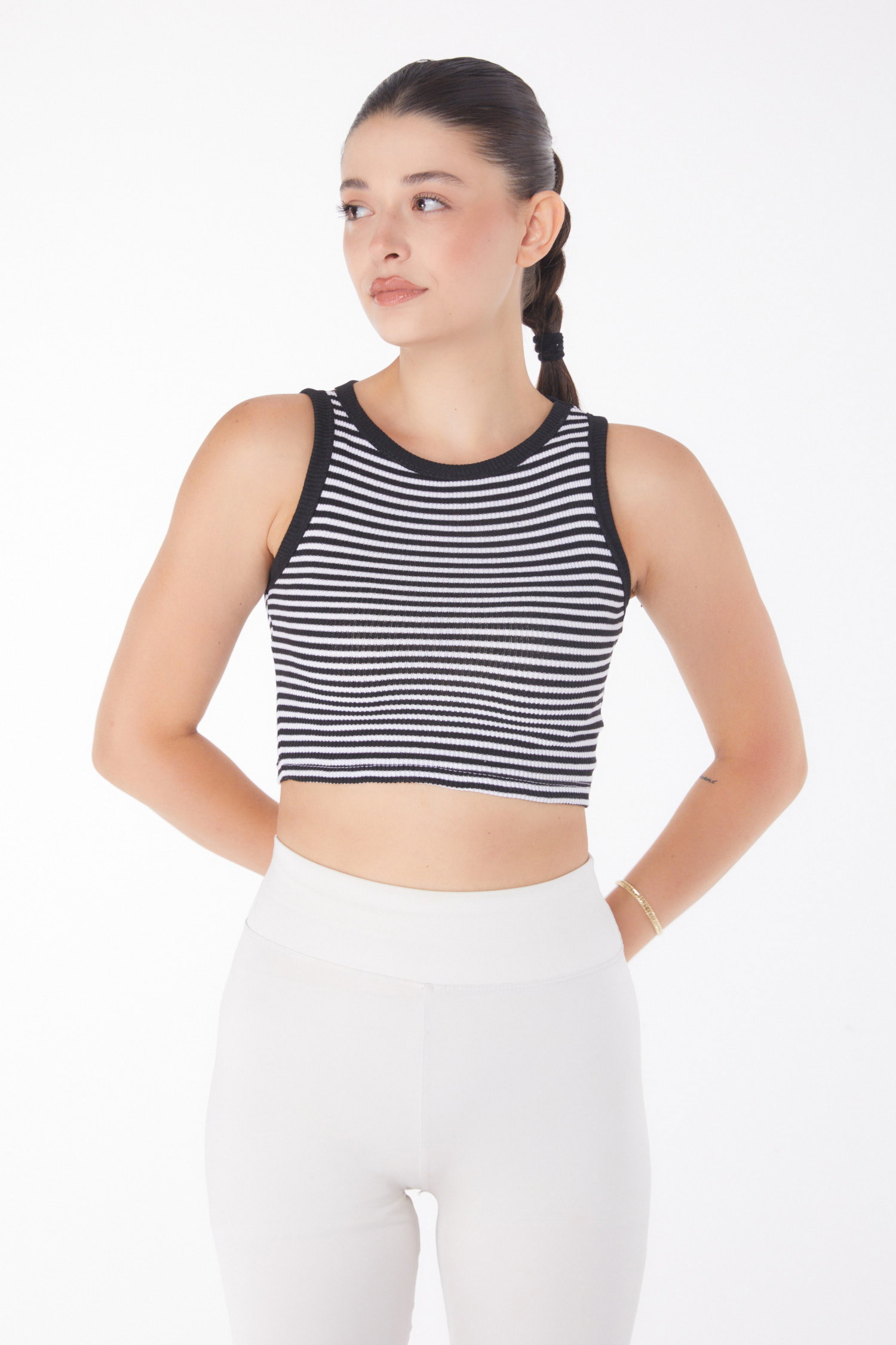 Düz Bisiklet Yaka Kadın Siyah Çizgili Crop - 25958 - 2