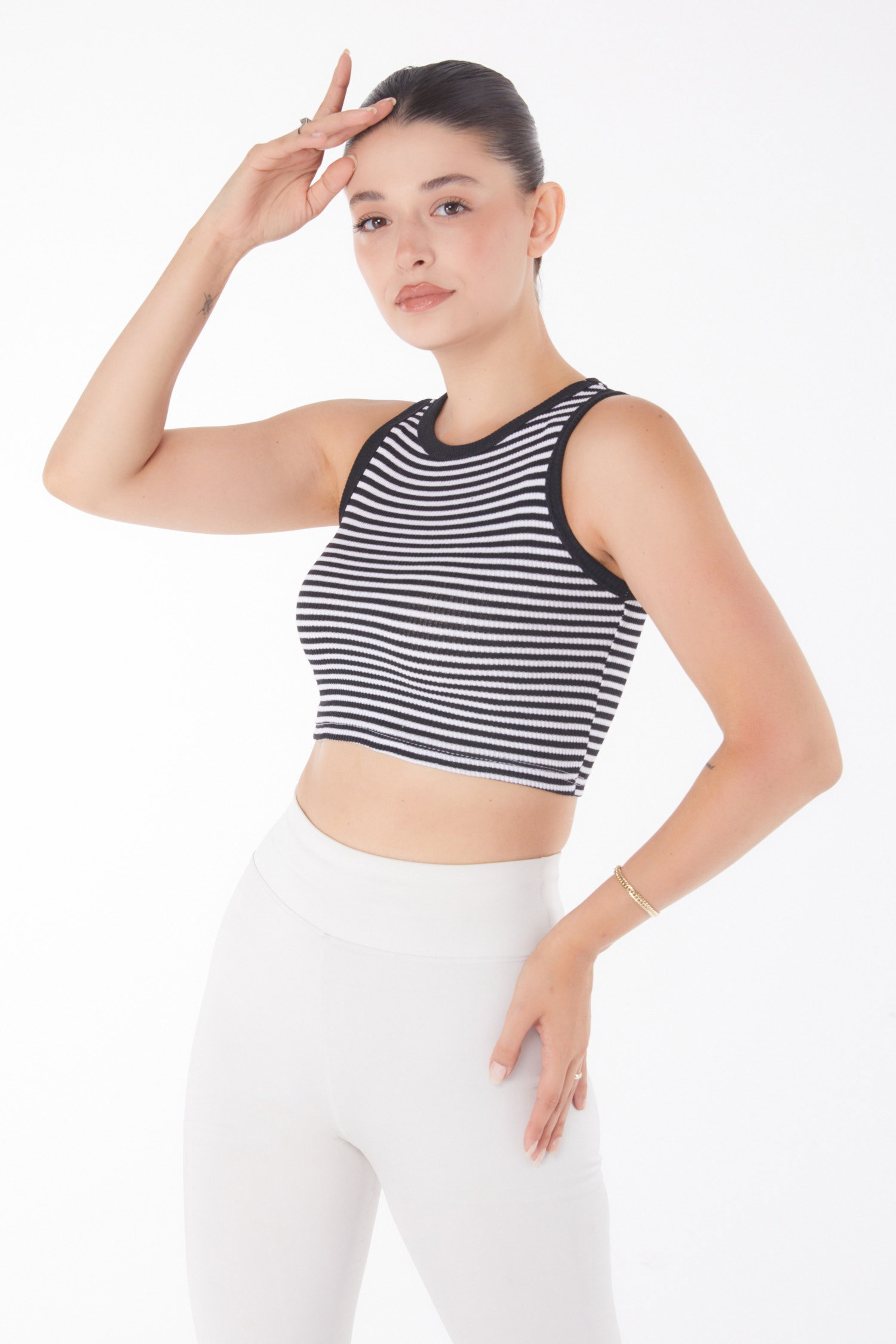 Düz Bisiklet Yaka Kadın Siyah Çizgili Crop - 25958 - 3