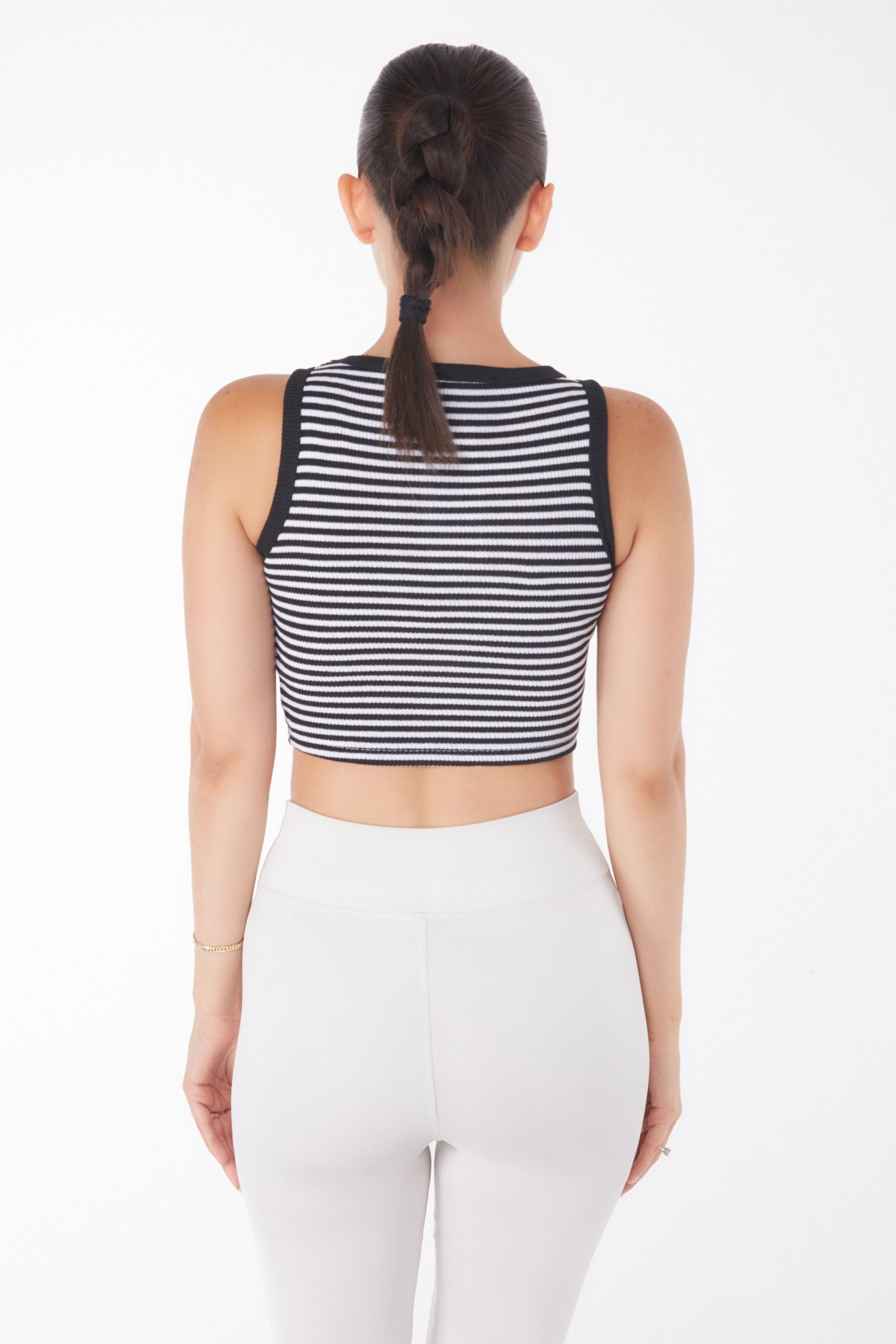 Düz Bisiklet Yaka Kadın Siyah Çizgili Crop - 25958 - 5