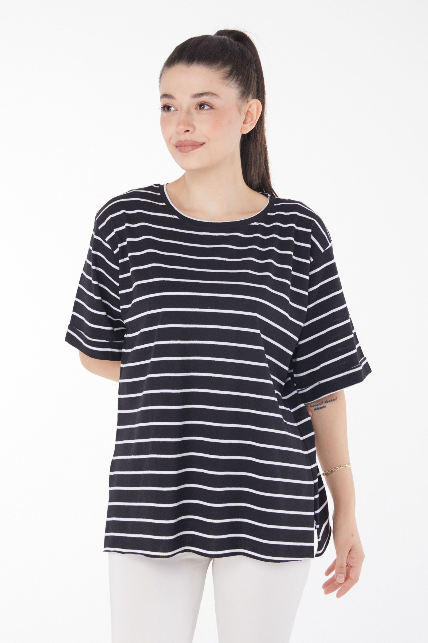 Çizgili Kısa Kollu T-shirt Siyah - 25840 - 1
