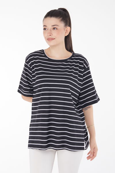 Çizgili Kısa Kollu T-shirt Siyah - 25840 