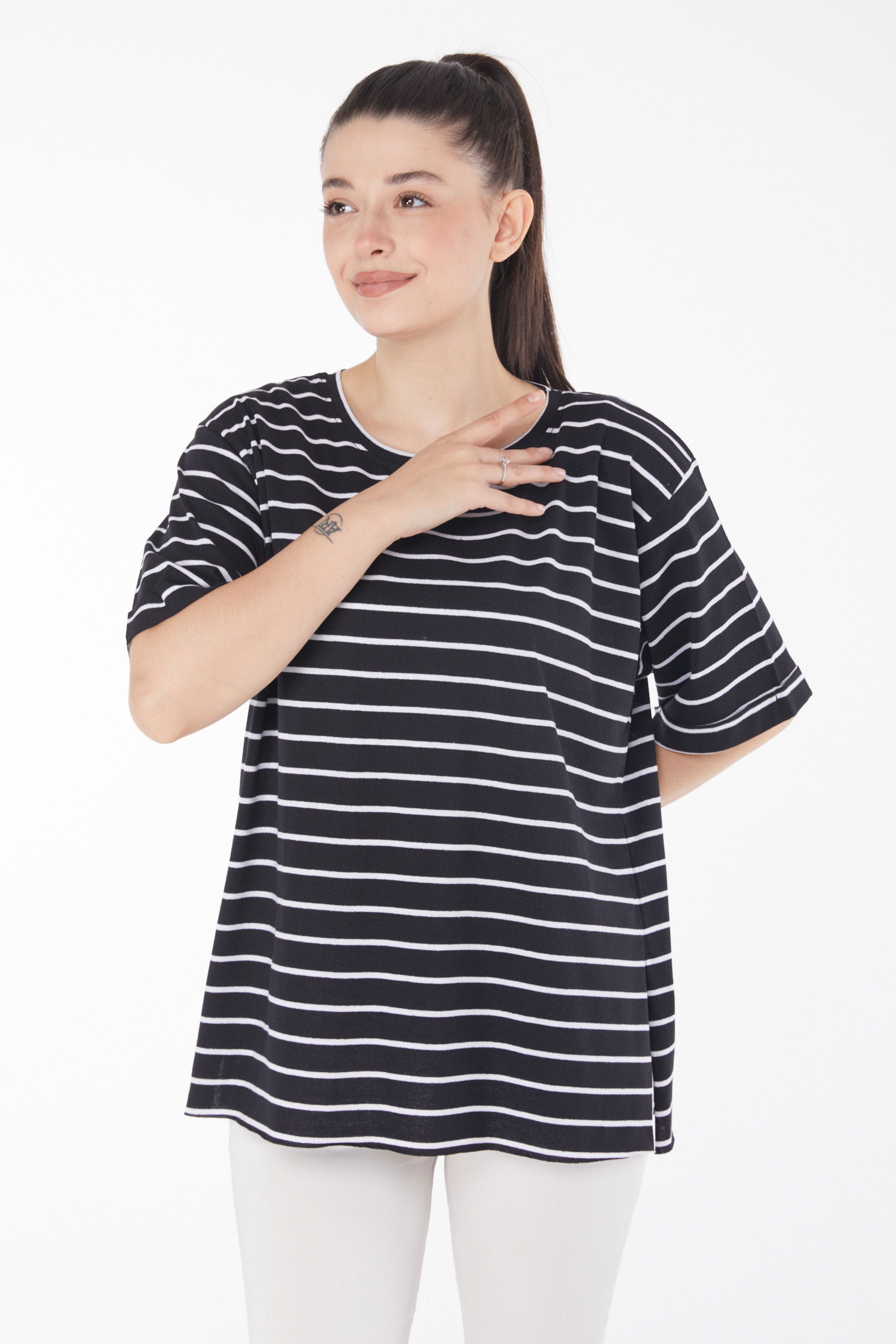 Çizgili Kısa Kollu T-shirt Siyah - 25840 - 2