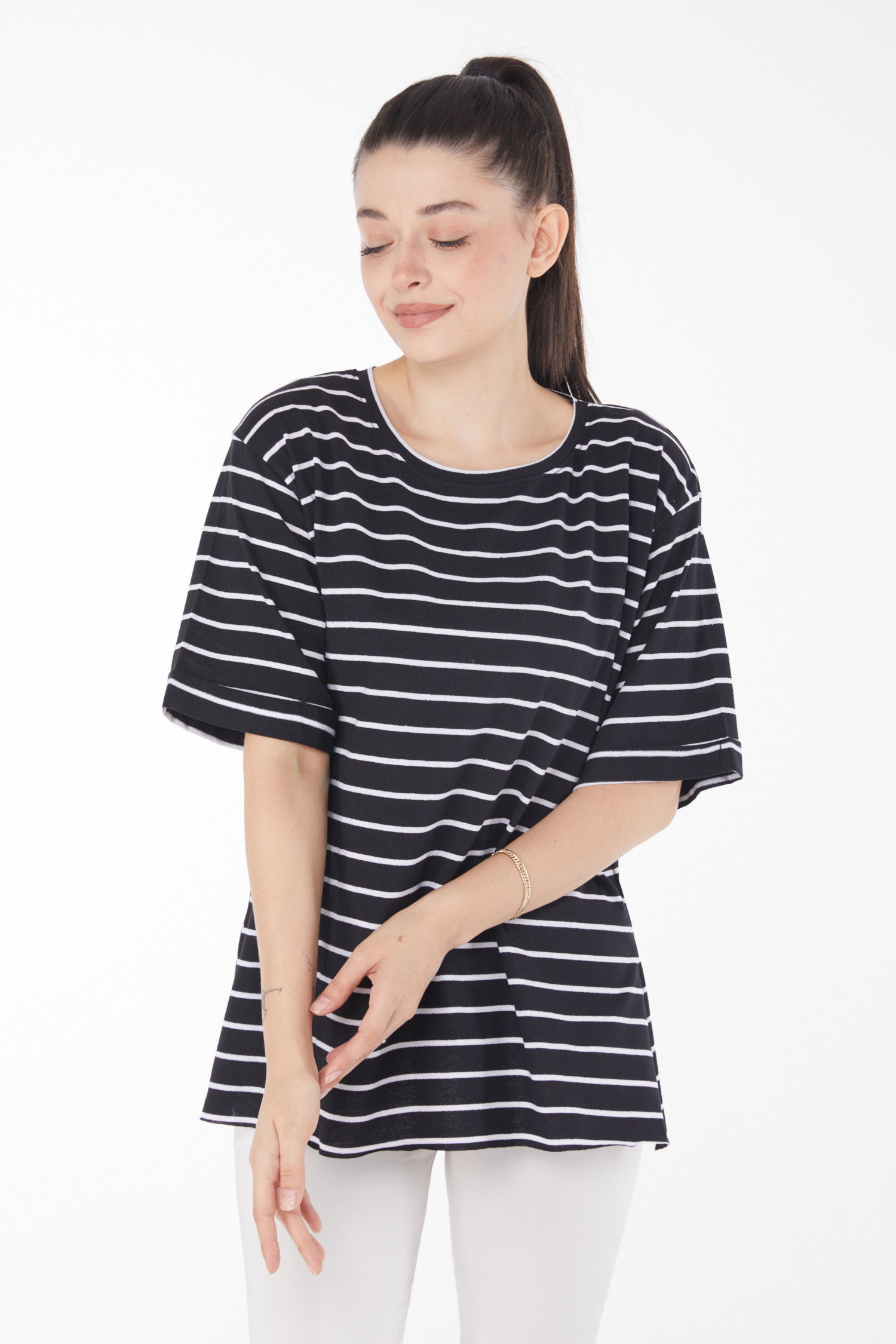 Çizgili Kısa Kollu T-shirt Siyah - 25840 - 3