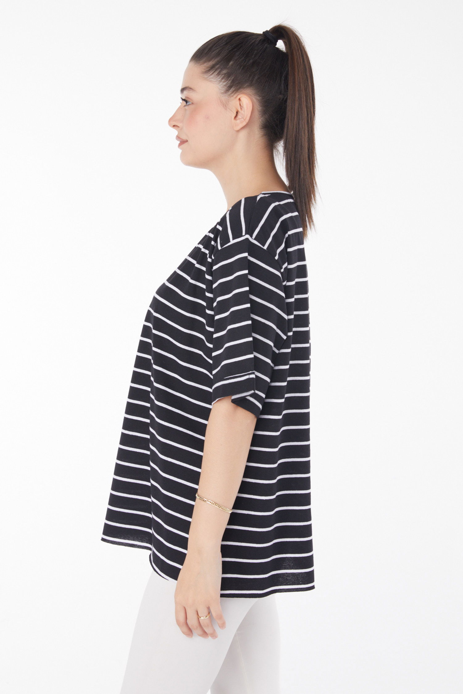 Çizgili Kısa Kollu T-shirt Siyah - 25840 - 4