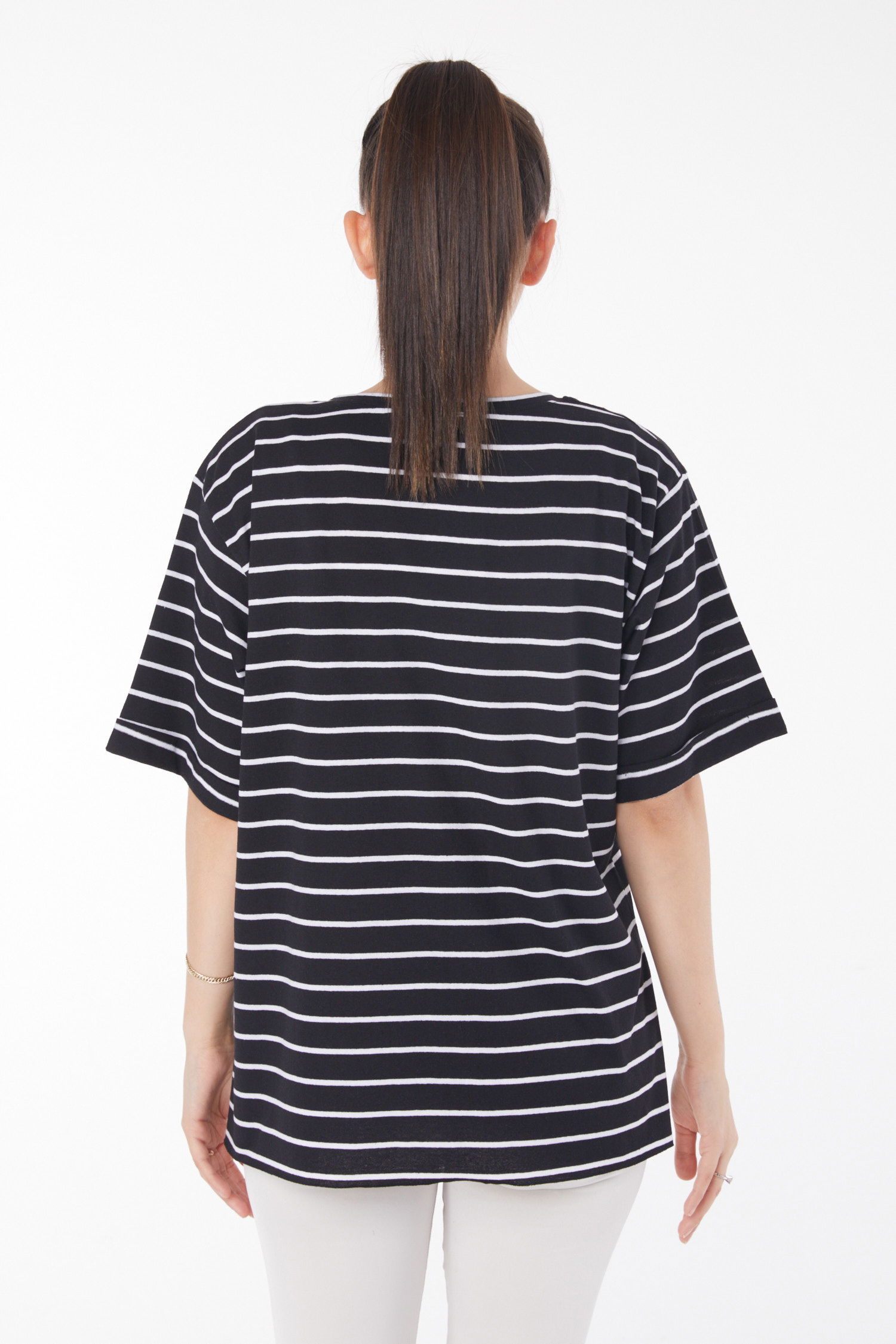 Çizgili Kısa Kollu T-shirt Siyah - 25840 - 5