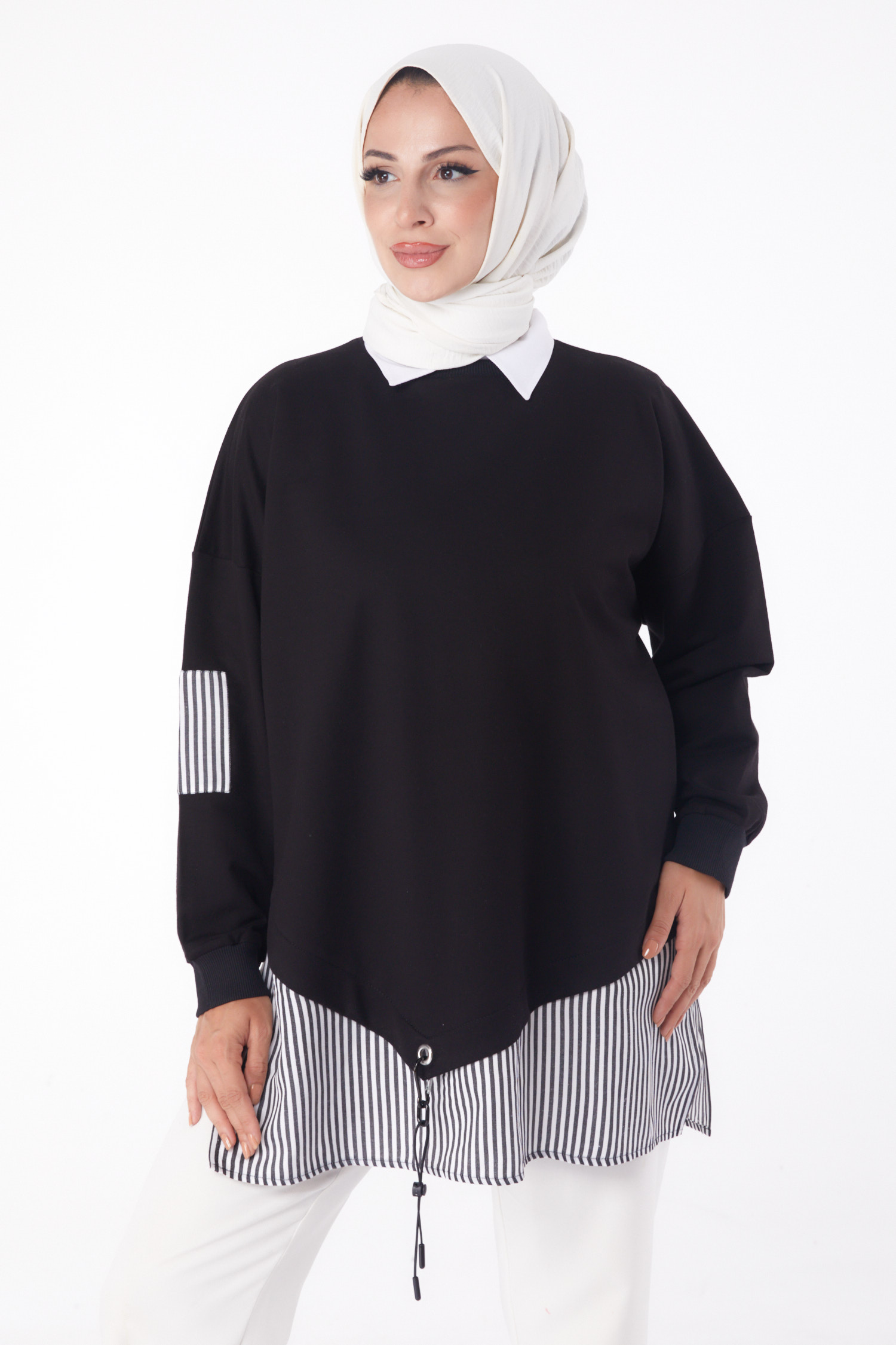 Düz Bisiklet Yaka Kadın Siyah Çizgili Sweat - 26222 - 2