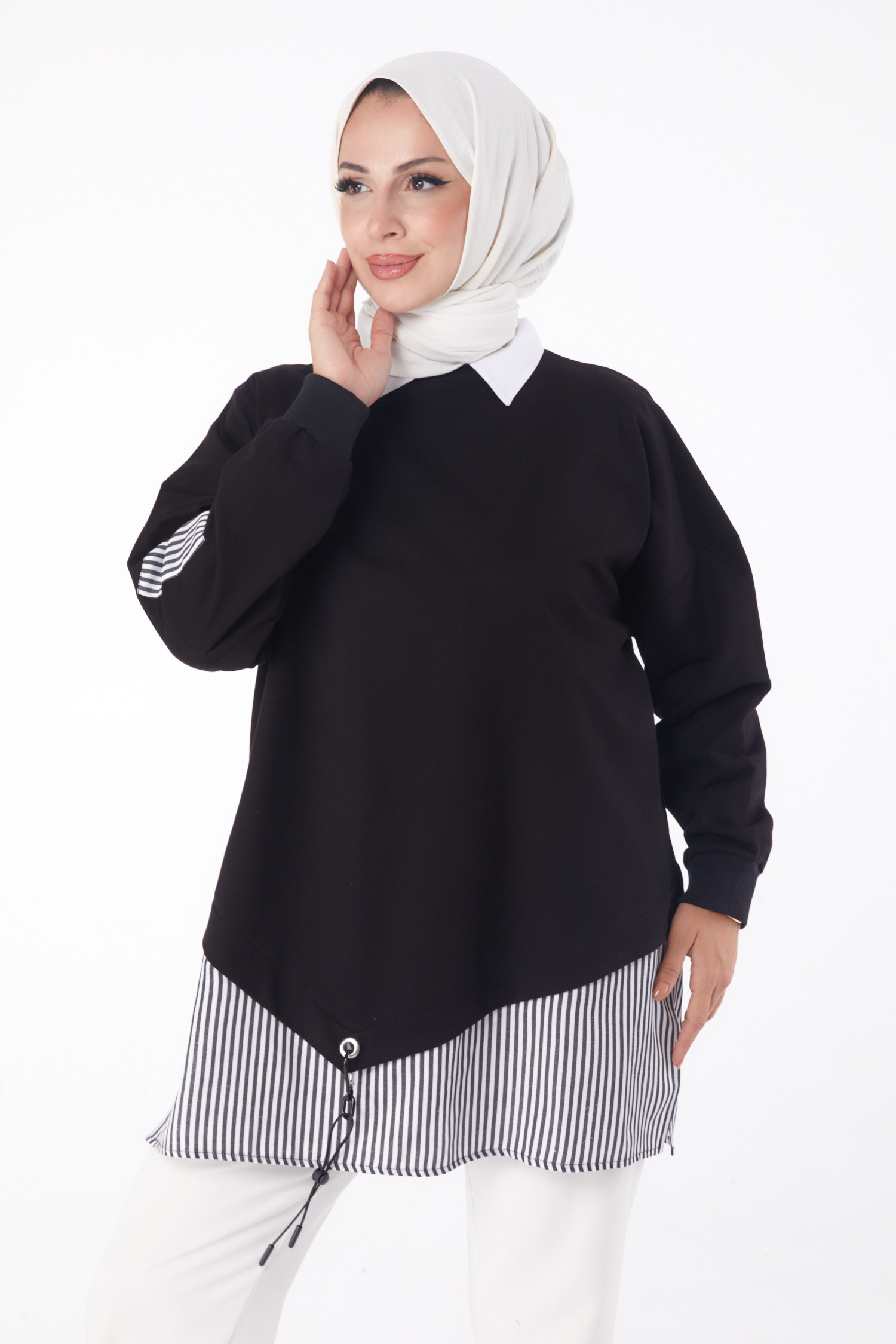 Düz Bisiklet Yaka Kadın Siyah Çizgili Sweat - 26222 - 3