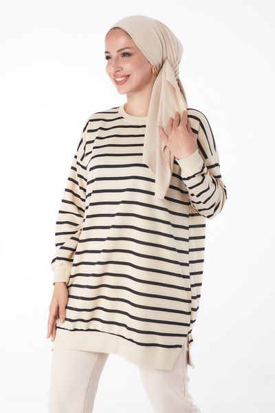 Düz Bisiklet Yaka Kadın Siyah Çizgili Sweatshirt - 26137 
