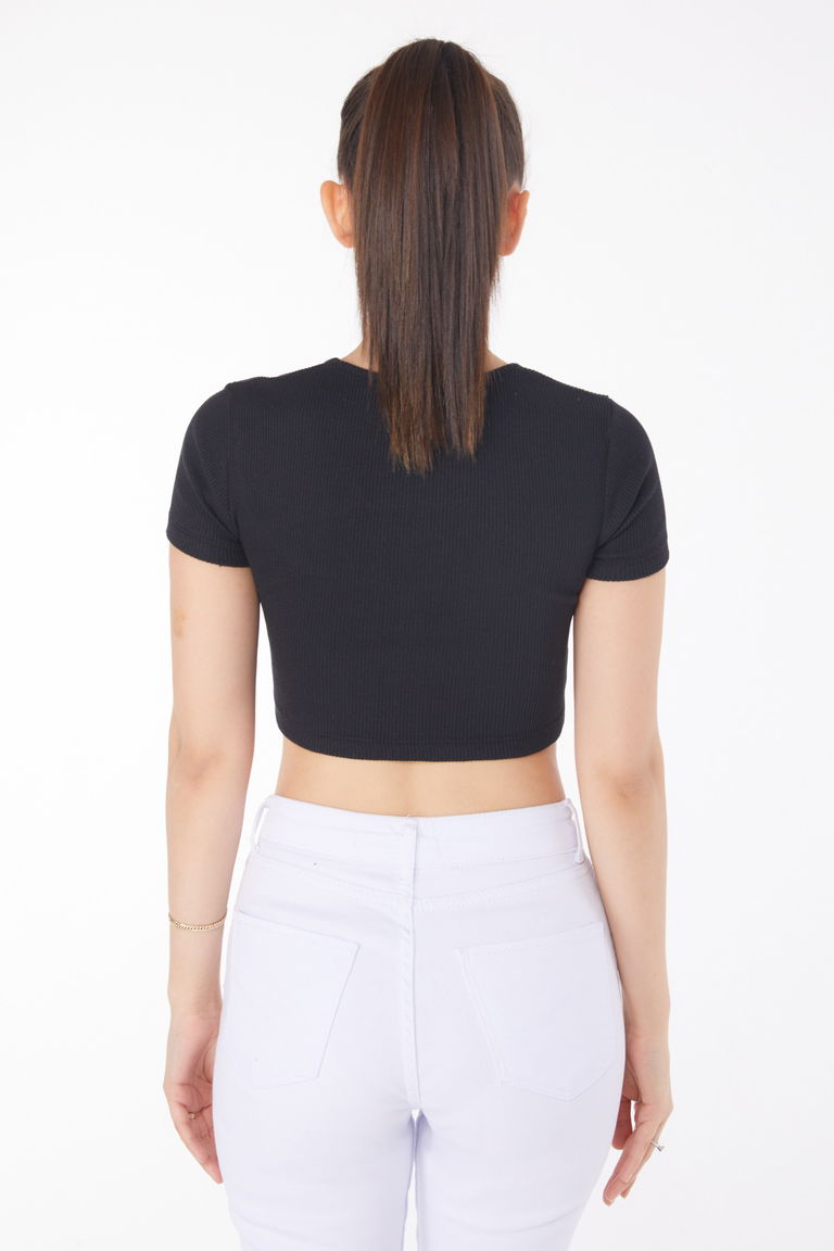Düz Bisiklet Yaka Kadın Siyah Crop - 25852 - TOFİSA