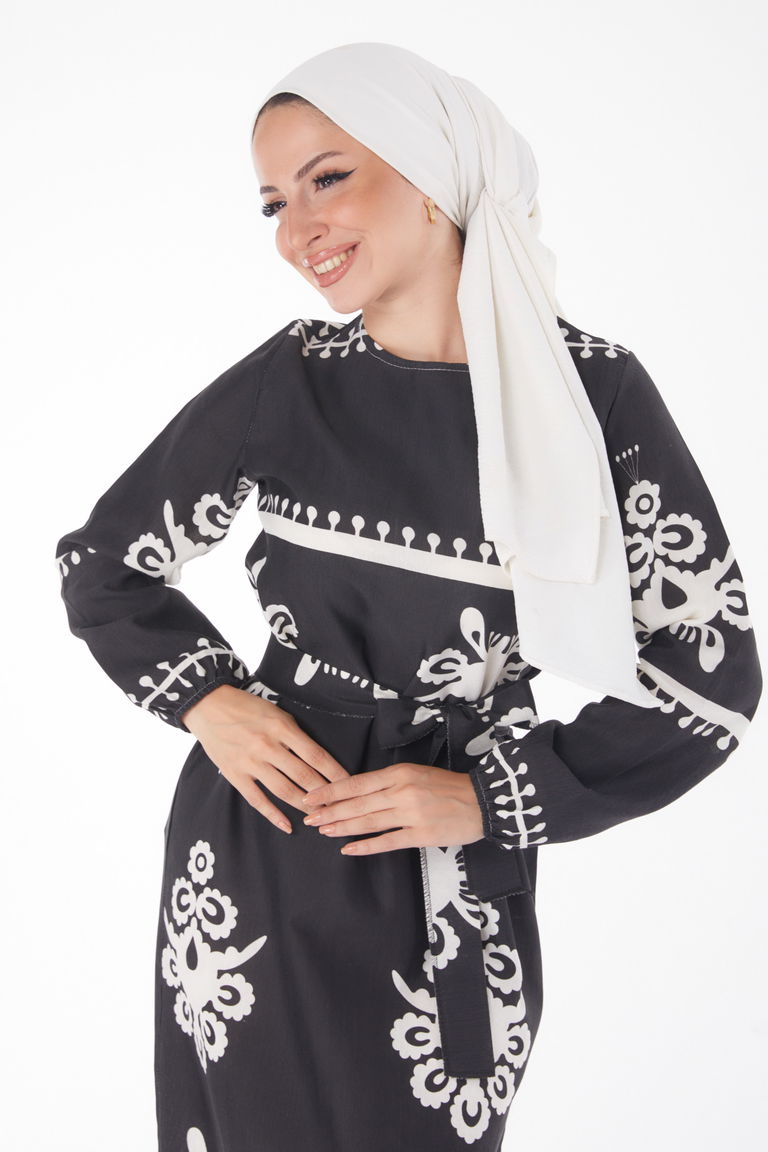 Düz Bisiklet Yaka Kadın Siyah Desenli Kat Elbise - 13241 - TOFİSA