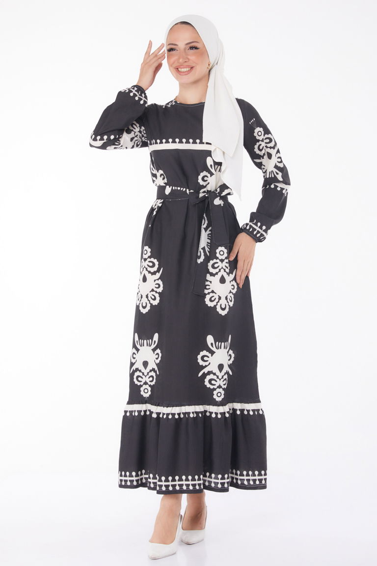 Düz Bisiklet Yaka Kadın Siyah Desenli Kat Elbise - 13241 - TOFİSA