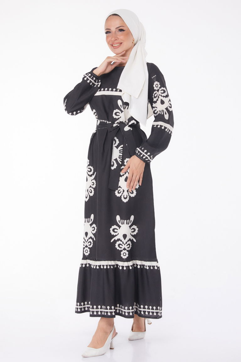 Düz Bisiklet Yaka Kadın Siyah Desenli Kat Elbise - 13241 - TOFİSA