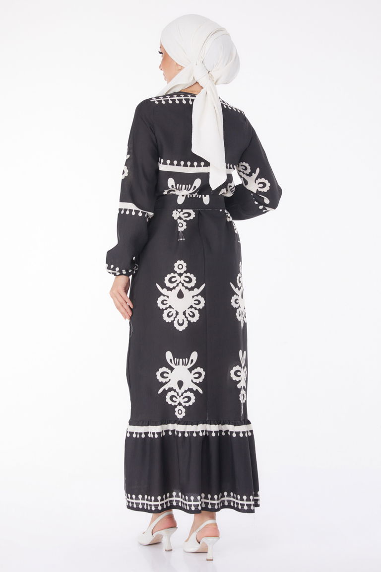 Düz Bisiklet Yaka Kadın Siyah Desenli Kat Elbise - 13241 - TOFİSA