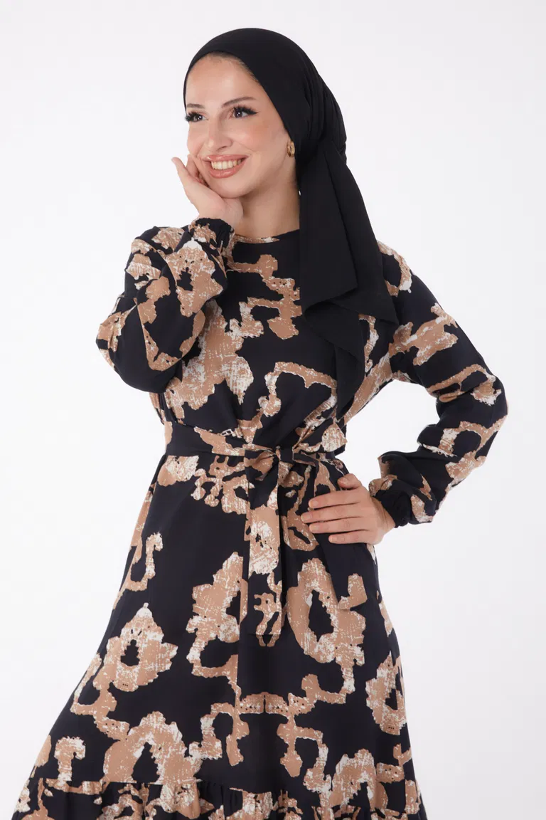 Desenli Kuşaklı Elbise Siyah - 26026 - TOFİSA