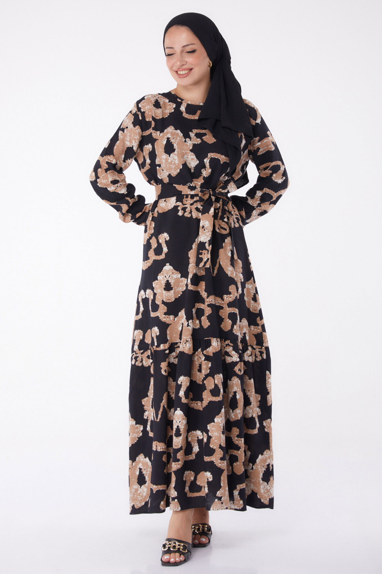 Desenli Kuşaklı Elbise Siyah - 26026 - 2