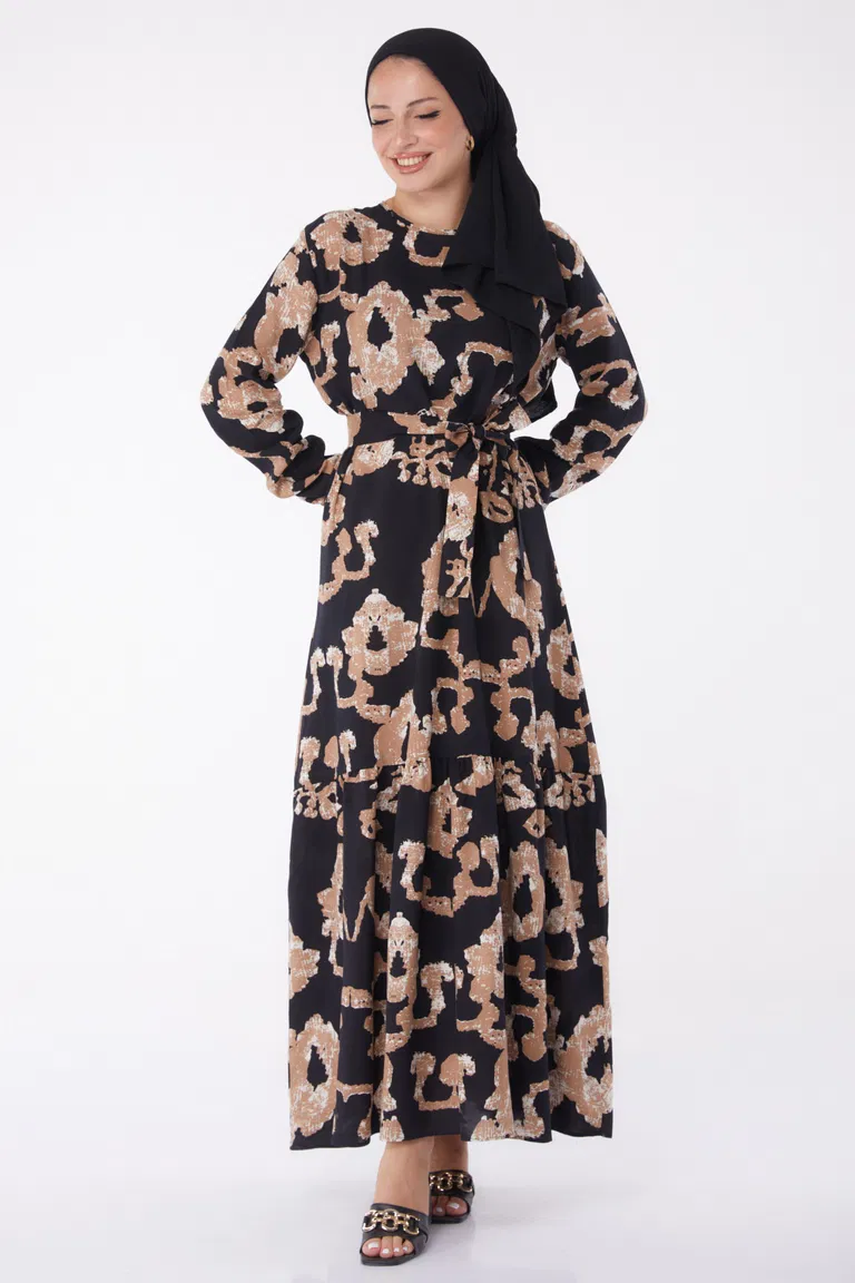 Desenli Kuşaklı Elbise Siyah - 26026 - TOFİSA