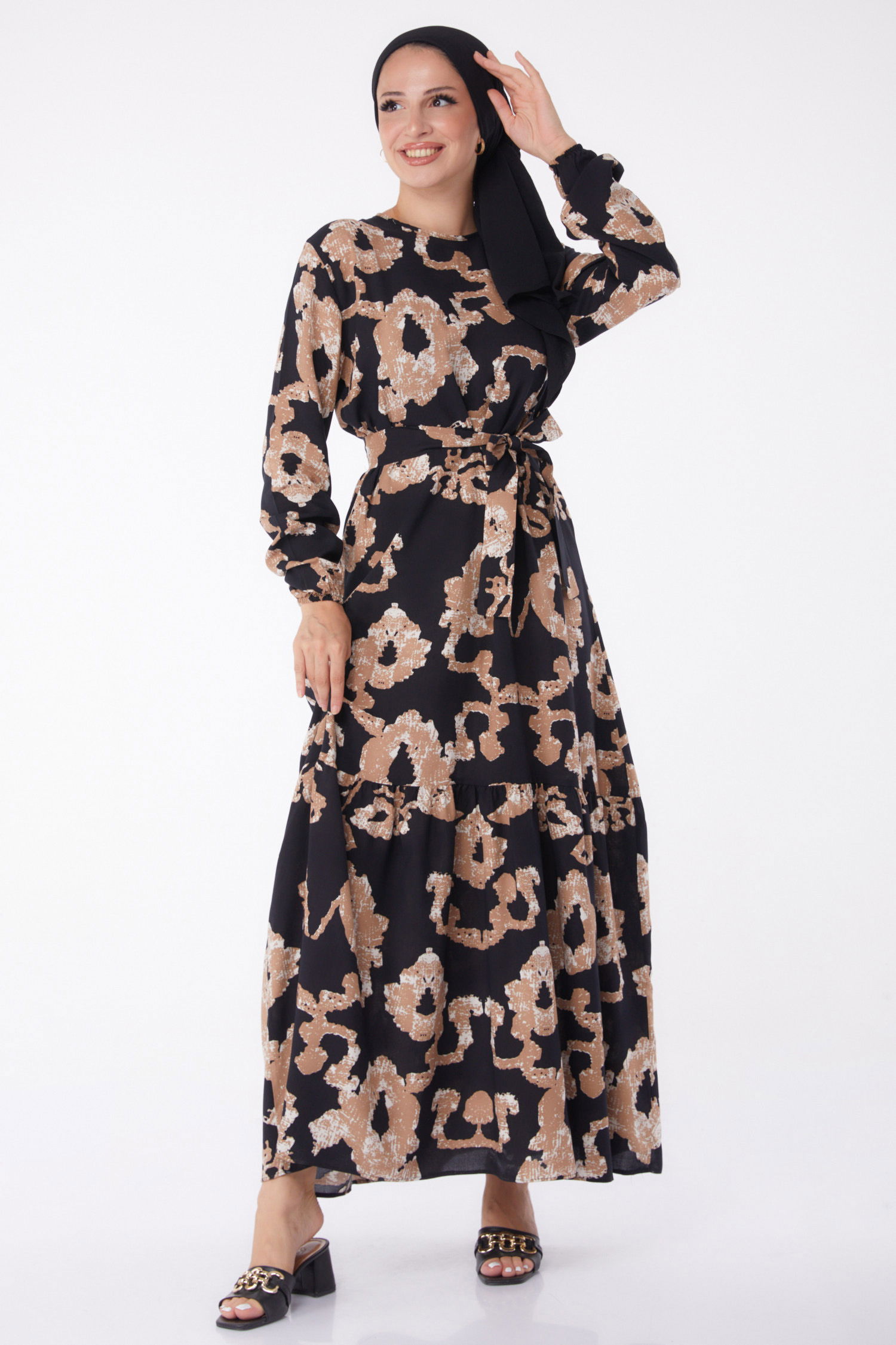 Desenli Kuşaklı Elbise Siyah - 26026 - 3