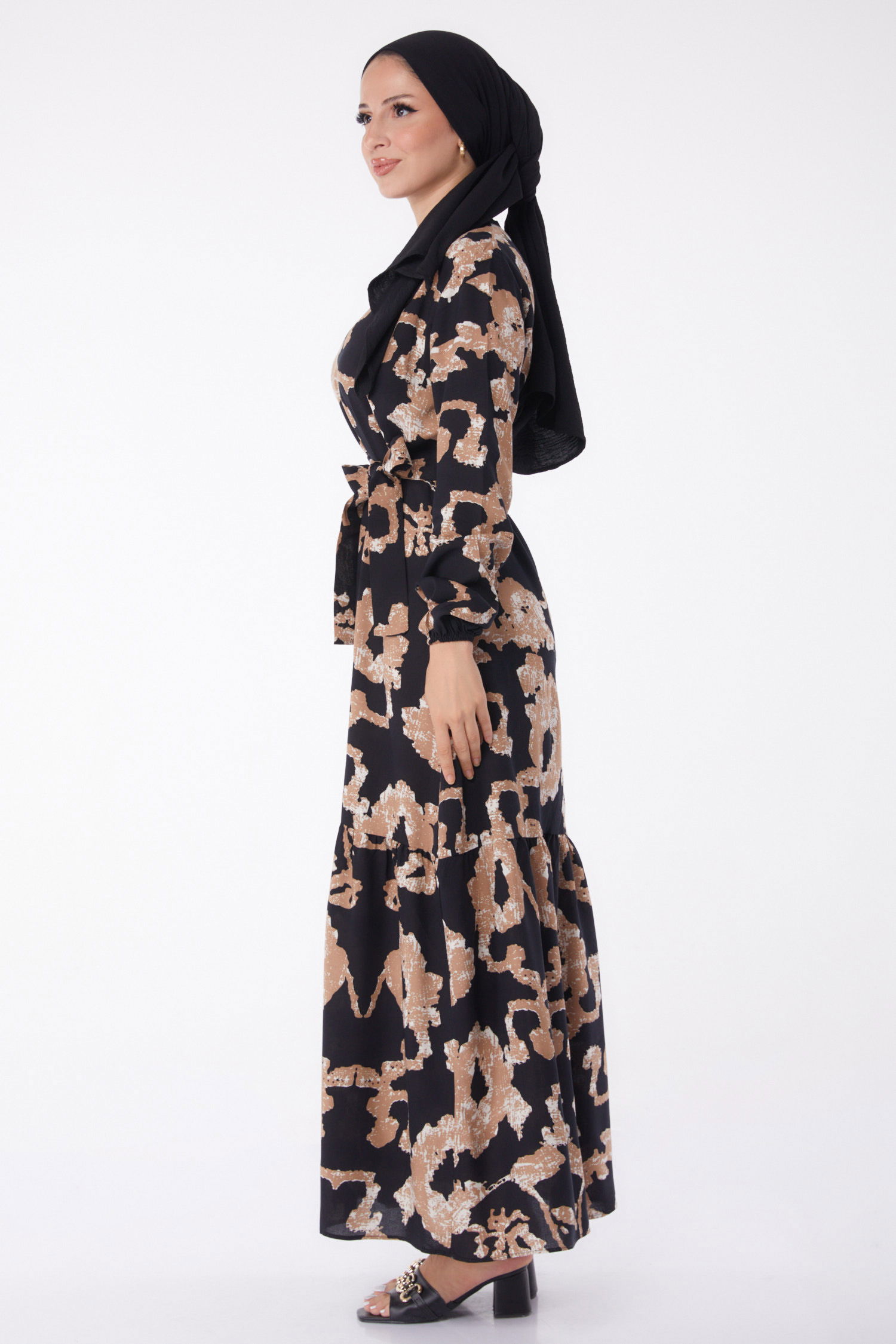 Desenli Kuşaklı Elbise Siyah - 26026 - 4