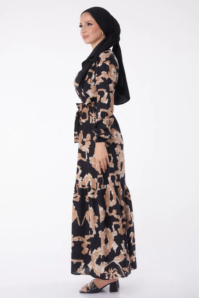 Desenli Kuşaklı Elbise Siyah - 26026 - TOFİSA