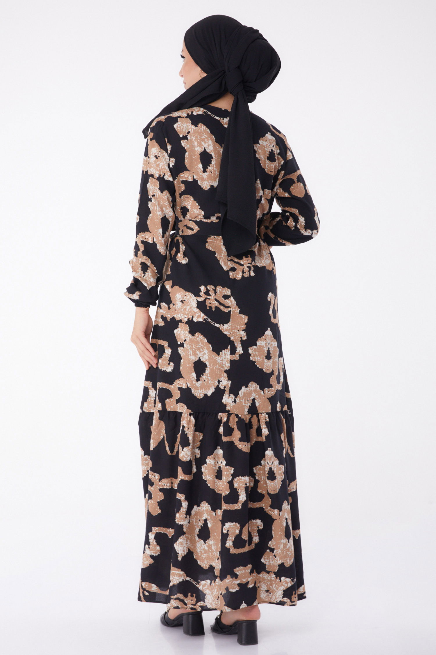 Desenli Kuşaklı Elbise Siyah - 26026 - 5