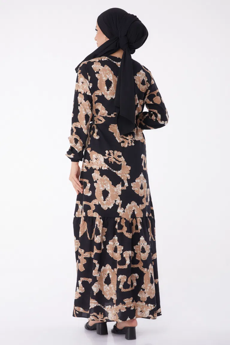 Desenli Kuşaklı Elbise Siyah - 26026 - TOFİSA