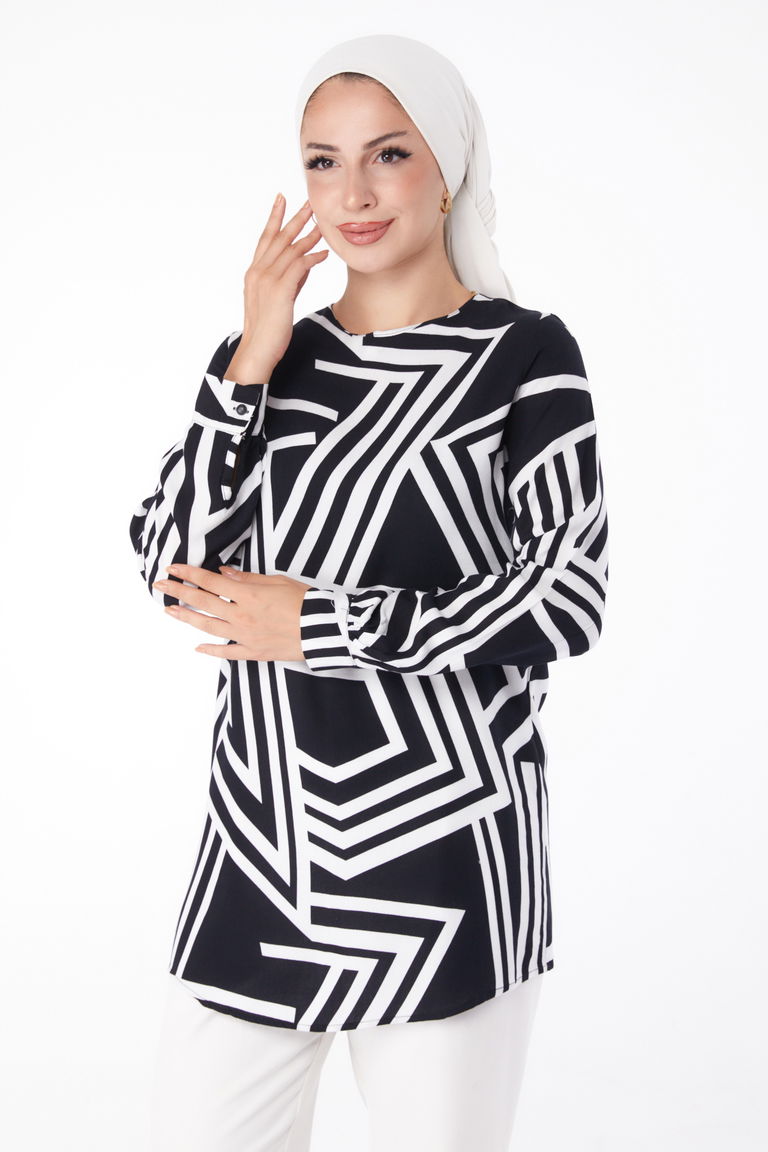 Desenli Tunik Siyah - 13278 - TOFİSA