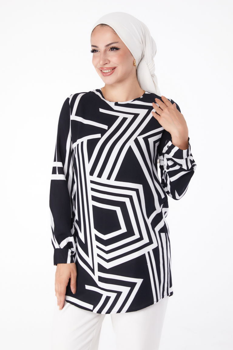 Desenli Tunik Siyah - 13278 - TOFİSA