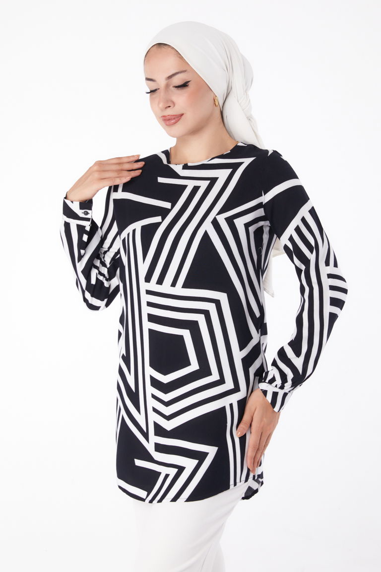 Desenli Tunik Siyah - 13278 - TOFİSA